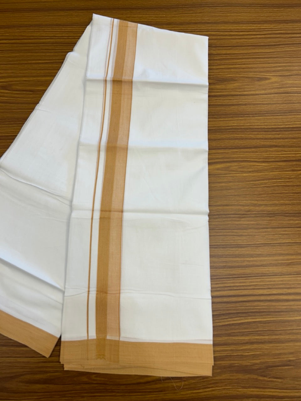 20% Discount ! Kaitharikada Balaramapuram 100% Cotton PURE WHITE Double Mundu/Dothi - 100x80 - 1.5 inch Light Orange Shaded Design Kara 3.90 mtr (8 muzham) - 23 KK5294 THI
