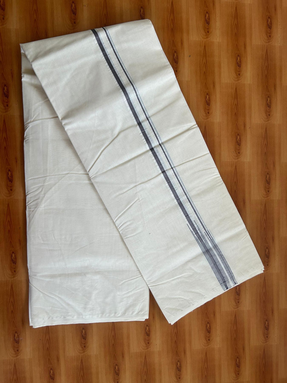 Double Off White (Unbleached) Mundu/Dhoti - 20% Discount!! KaithariKada Pulimood 100% Cotton 100X100 - 2 cm Puliyilakkara Silver Kasav & Navy Blue Striped Double Chutty Kara - 4 mtr  (8.5 muzham) - 22 KK5547 ASH