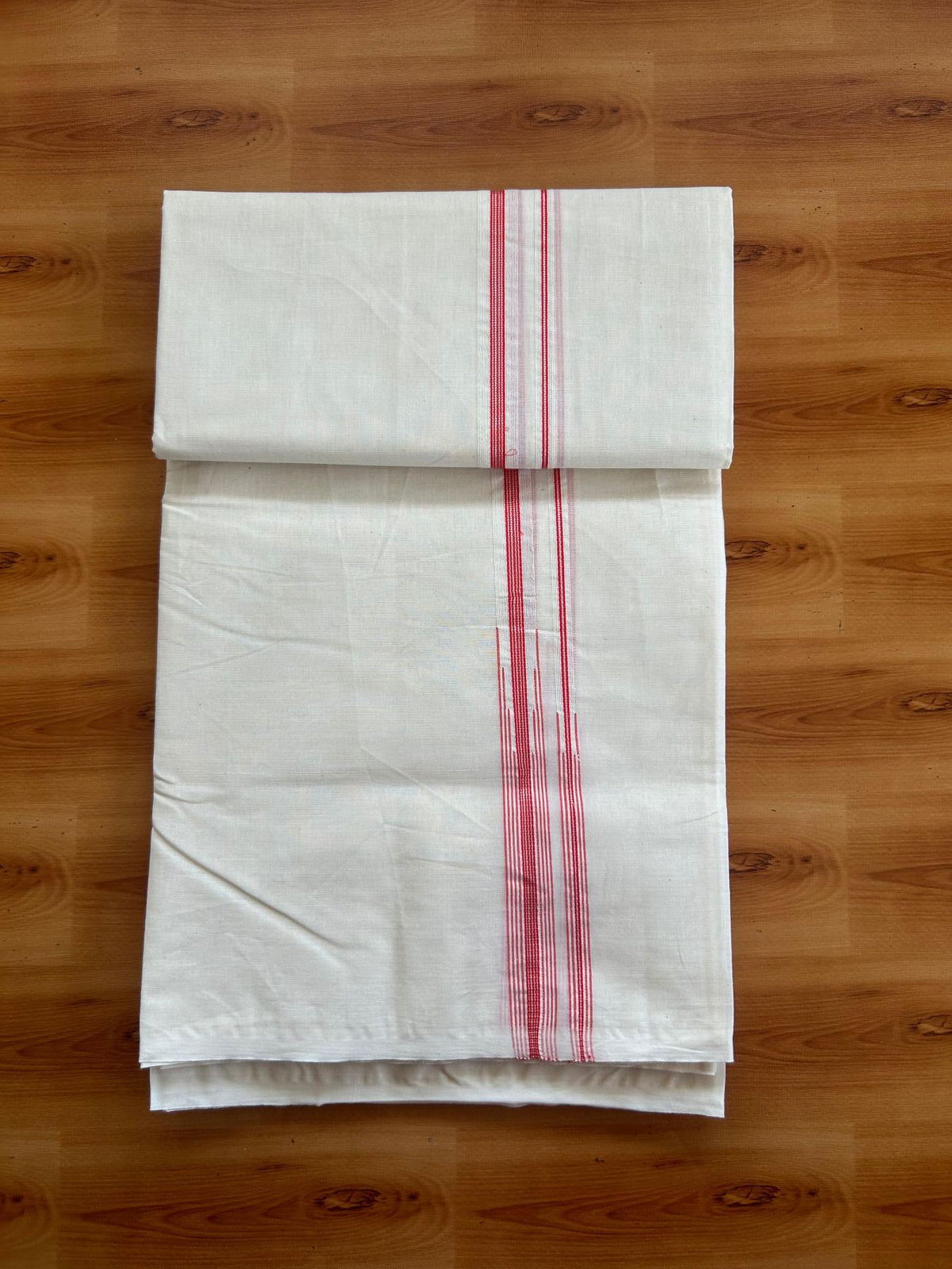 Double Off White (Unbleached) Mundu/Dhoti - 20% Discount!! KaithariKada Pulimood 100% Cotton 100X100 - 2 cm Puliyilakkara Silver Kasav & Peach Red Striped Double Chutty Kara - 4 mtr  (8.5 muzham) - 21 KK5547 ASH