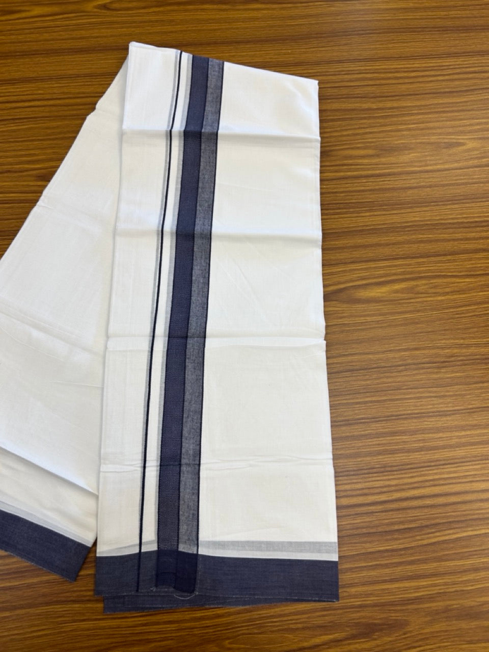 20% Discount ! Kaitharikada Balaramapuram 100% Cotton PURE WHITE Double Mundu/Dothi - 100x80 - 1.5 inch Navy Blue Shaded Design Kara 3.90 mtr (8 muzham) - 24 KK5294 THI