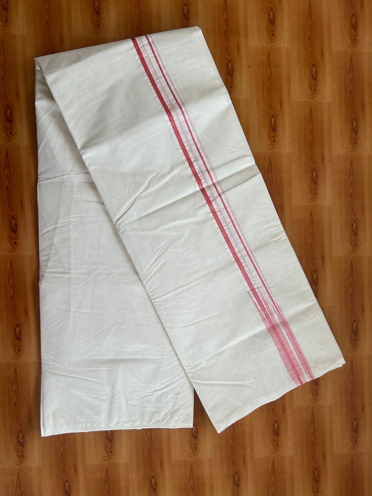 Double Off White (Unbleached) Mundu/Dhoti - 20% Discount!! KaithariKada Pulimood 100% Cotton 100X100 - 2 cm Puliyilakkara Silver Kasav & Peach Red Striped Double Chutty Kara - 4 mtr  (8.5 muzham) - 21 KK5547 ASH