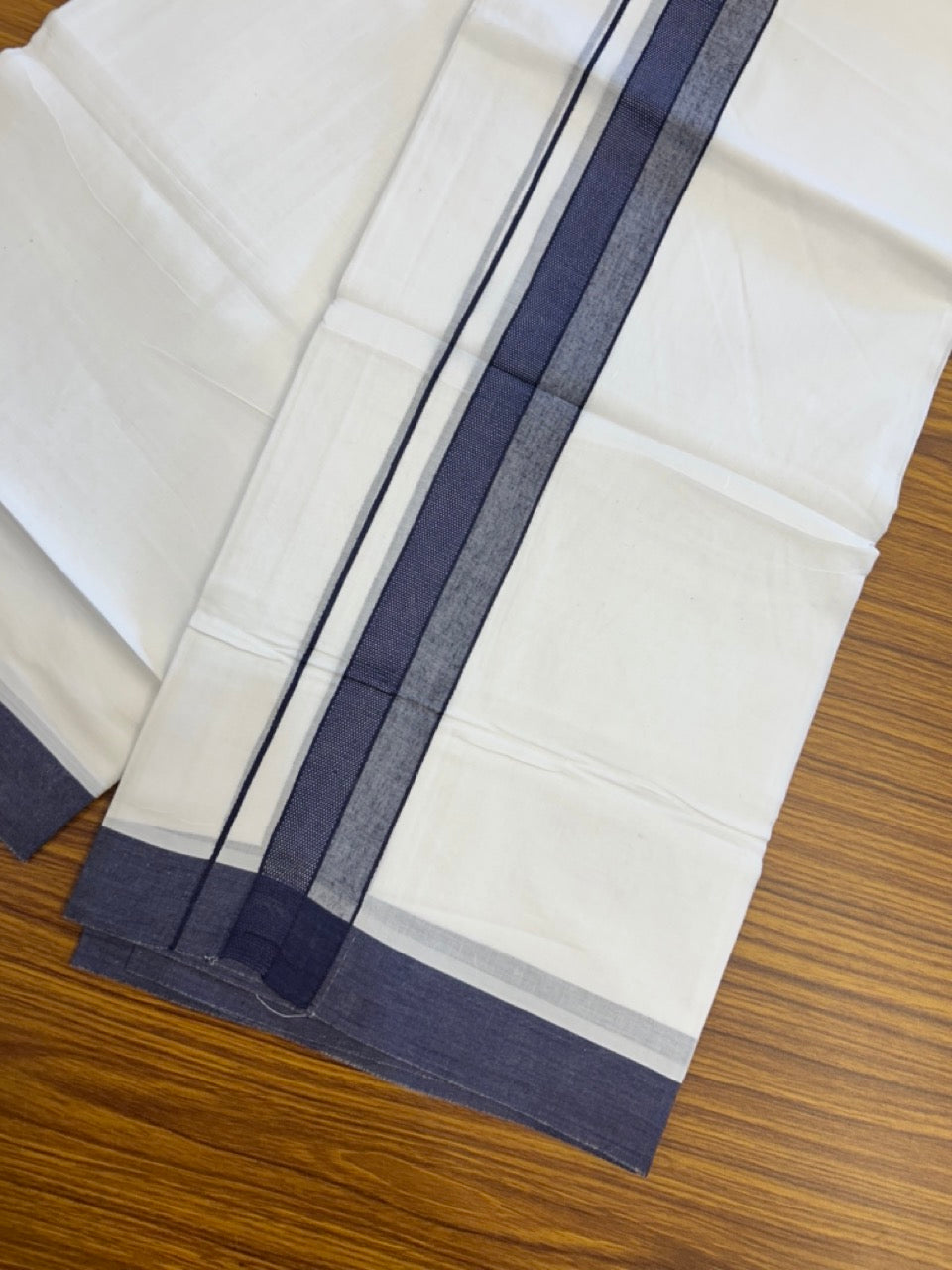 20% Discount ! Kaitharikada Balaramapuram 100% Cotton PURE WHITE Double Mundu/Dothi - 100x80 - 1.5 inch Navy Blue Shaded Design Kara 3.90 mtr (8 muzham) - 24 KK5294 THI