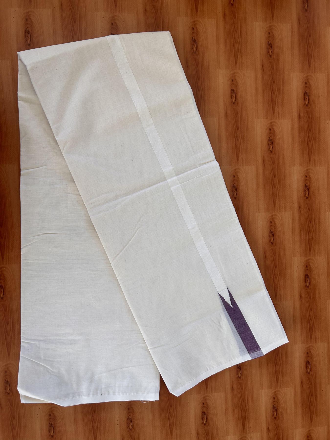 Double Off white Mundu/Dhoti - 20% Discount! KaithariKada Balaramapuram - 100% Cotton  100x100 - 0.75 inch Purple shaded Chutty Kara - 4 mtr (8.5 muzham) - 5 KK5431 ASH