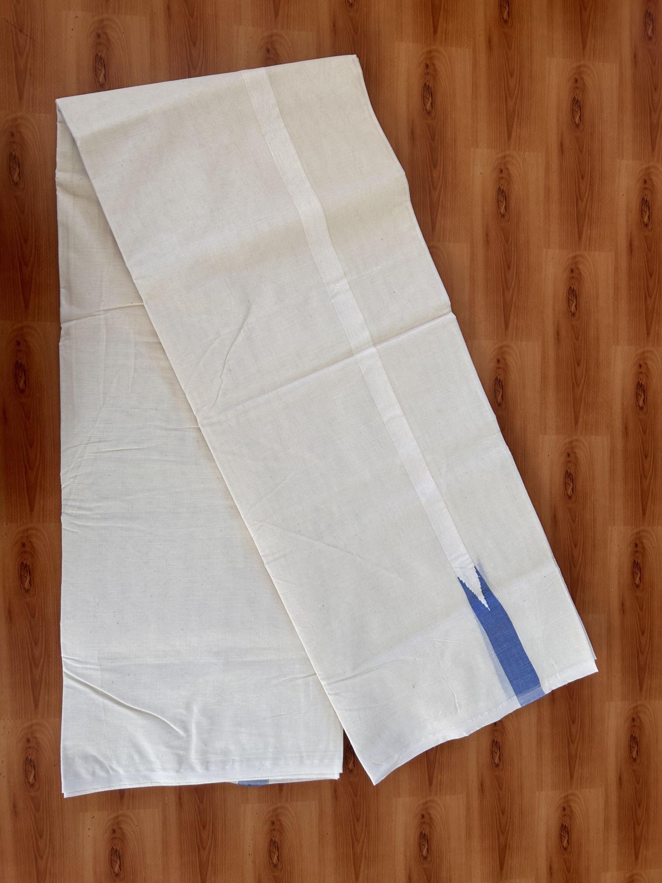 Double Off white Mundu/Dhoti - 20% Discount! KaithariKada Balaramapuram - 100% Cotton  100x100 - 0.75 inch Light Blue shaded Chutty Kara - 4 mtr (8.5 muzham) - 7 KK5431 ASH