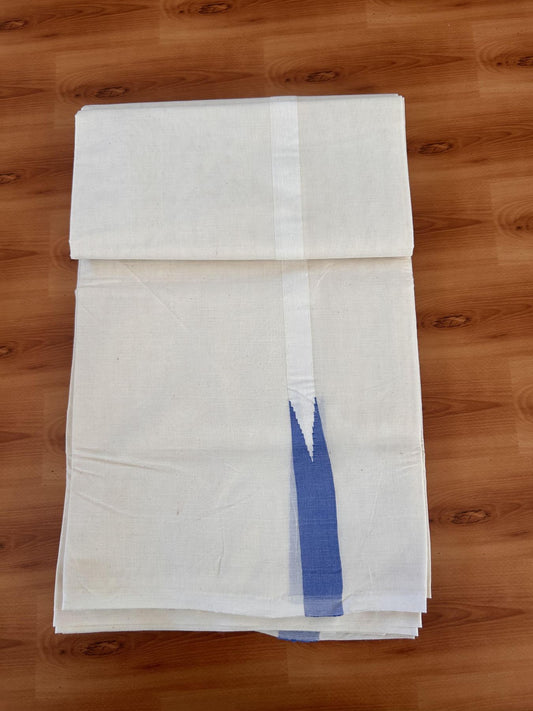 Double Off white Mundu/Dhoti - 20% Discount! KaithariKada Balaramapuram - 100% Cotton  100x100 - 0.75 inch Light Blue shaded Chutty Kara - 4 mtr (8.5 muzham) - 7 KK5431 ASH
