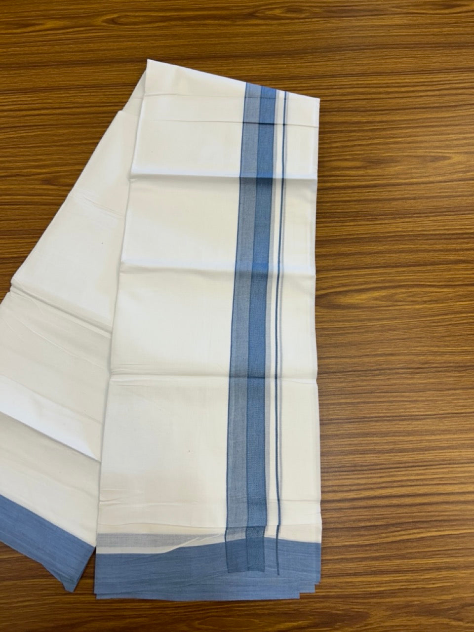20% Discount ! Kaitharikada Balaramapuram 100% Cotton PURE WHITE Double Mundu/Dothi - 100x80 - 1.5 inch Ash Blue Shaded Design Kara 3.90 mtr (8 muzham) - 26 KK5294 THI