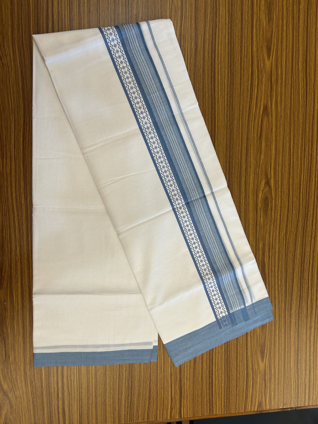 20% Discount ! KaithariKada Balaramapuram Cotton Double Pure white Mundu/Dhoti- 80s - 2.5 inch Ash Blue Printed Shade Stripes Design Kara - 3.65 mtr (8 muzham) - 26 KK5329 GAN