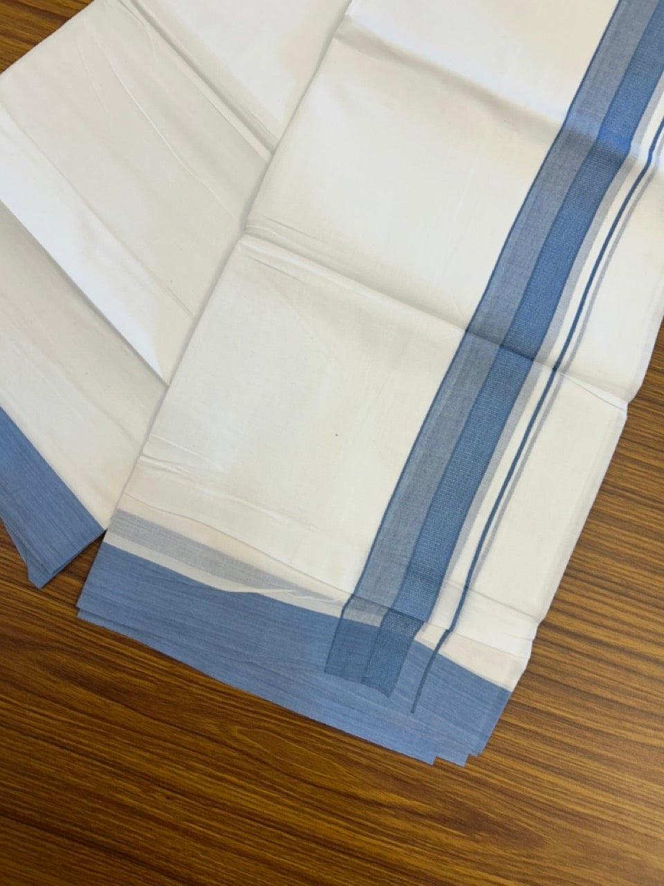 20% Discount ! Kaitharikada Balaramapuram 100% Cotton PURE WHITE Double Mundu/Dothi - 100x80 - 1.5 inch Ash Blue Shaded Design Kara 3.90 mtr (8 muzham) - 26 KK5294 THI