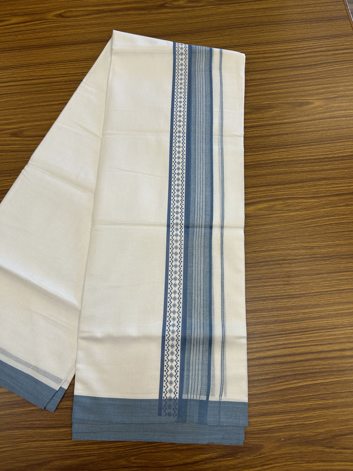 20% Discount ! KaithariKada Balaramapuram Cotton Double Pure white Mundu/Dhoti- 80s - 2.5 inch Ash Blue Printed Shade Stripes Design Kara - 3.65 mtr (8 muzham) - 26 KK5329 GAN