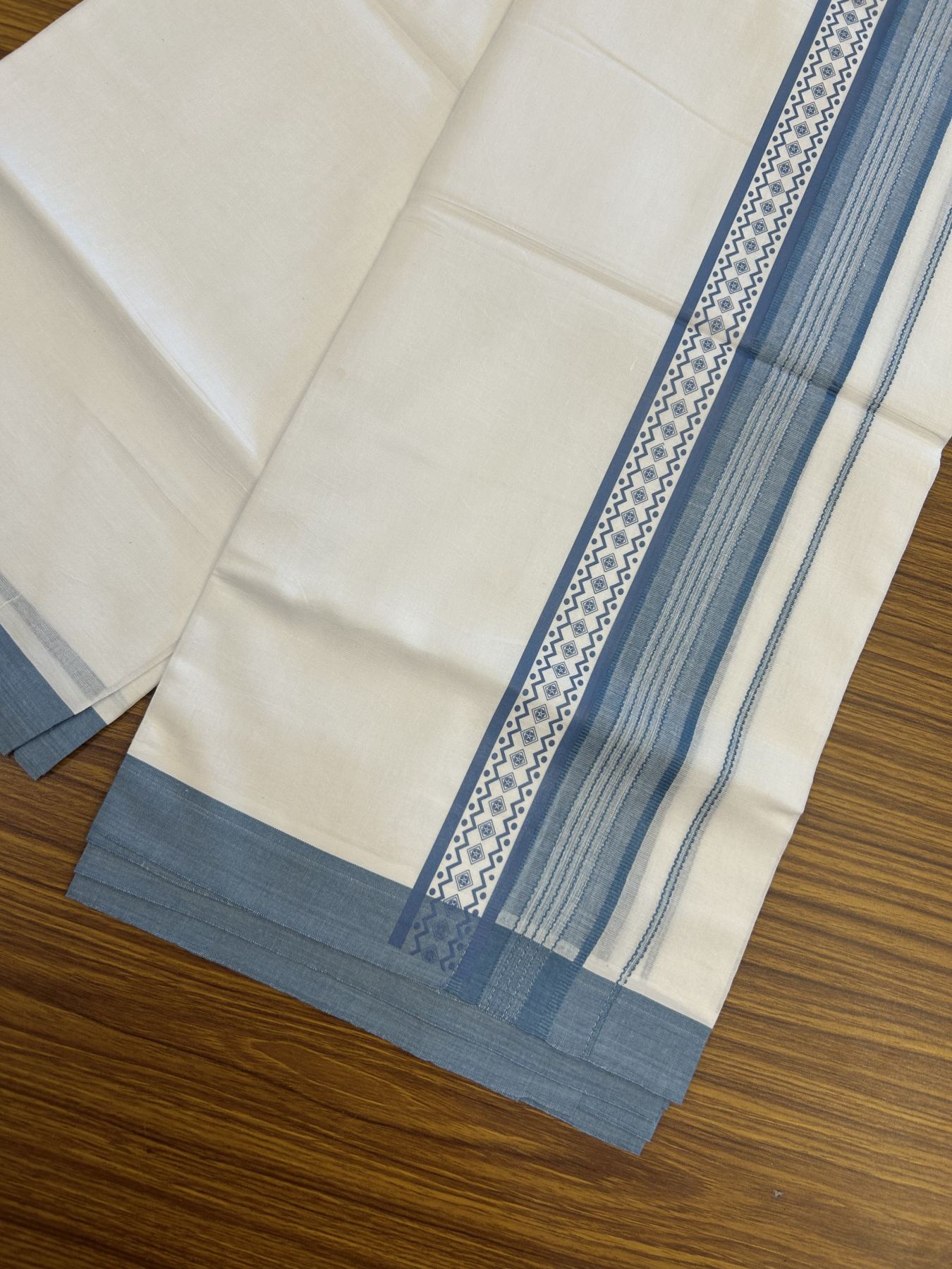 20% Discount ! KaithariKada Balaramapuram Cotton Double Pure white Mundu/Dhoti- 80s - 2.5 inch Ash Blue Printed Shade Stripes Design Kara - 3.65 mtr (8 muzham) - 26 KK5329 GAN