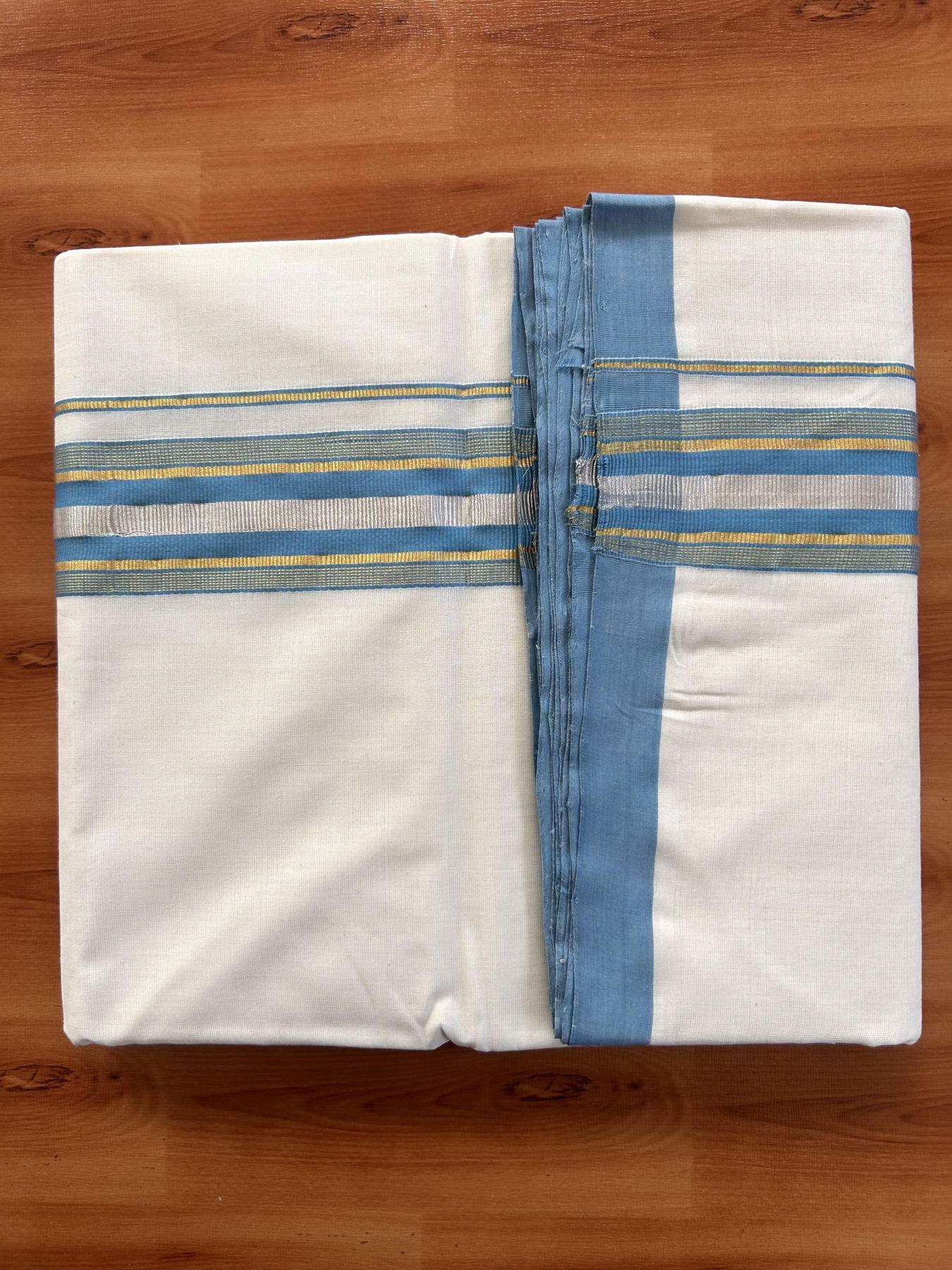 Double Off White (Unbleached) Mundu/Dhoti - 25% Discount! KaithariKada Handloom Millpaav - Kerala Handloom - Cotton - 80x90 - 2 inch Gold & Silver Kasav Striped & Sky Blue Kara 4 meter (8.5 Muzham) - 9 KK5430 RAM
