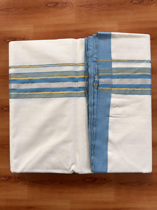 Double Off White (Unbleached) Mundu/Dhoti - 25% Discount! KaithariKada Handloom Millpaav - Kerala Handloom - Cotton - 80x90 - 2 inch Gold & Silver Kasav Striped & Sky Blue Kara 4 meter (8.5 Muzham) - 9 KK5430 RAM