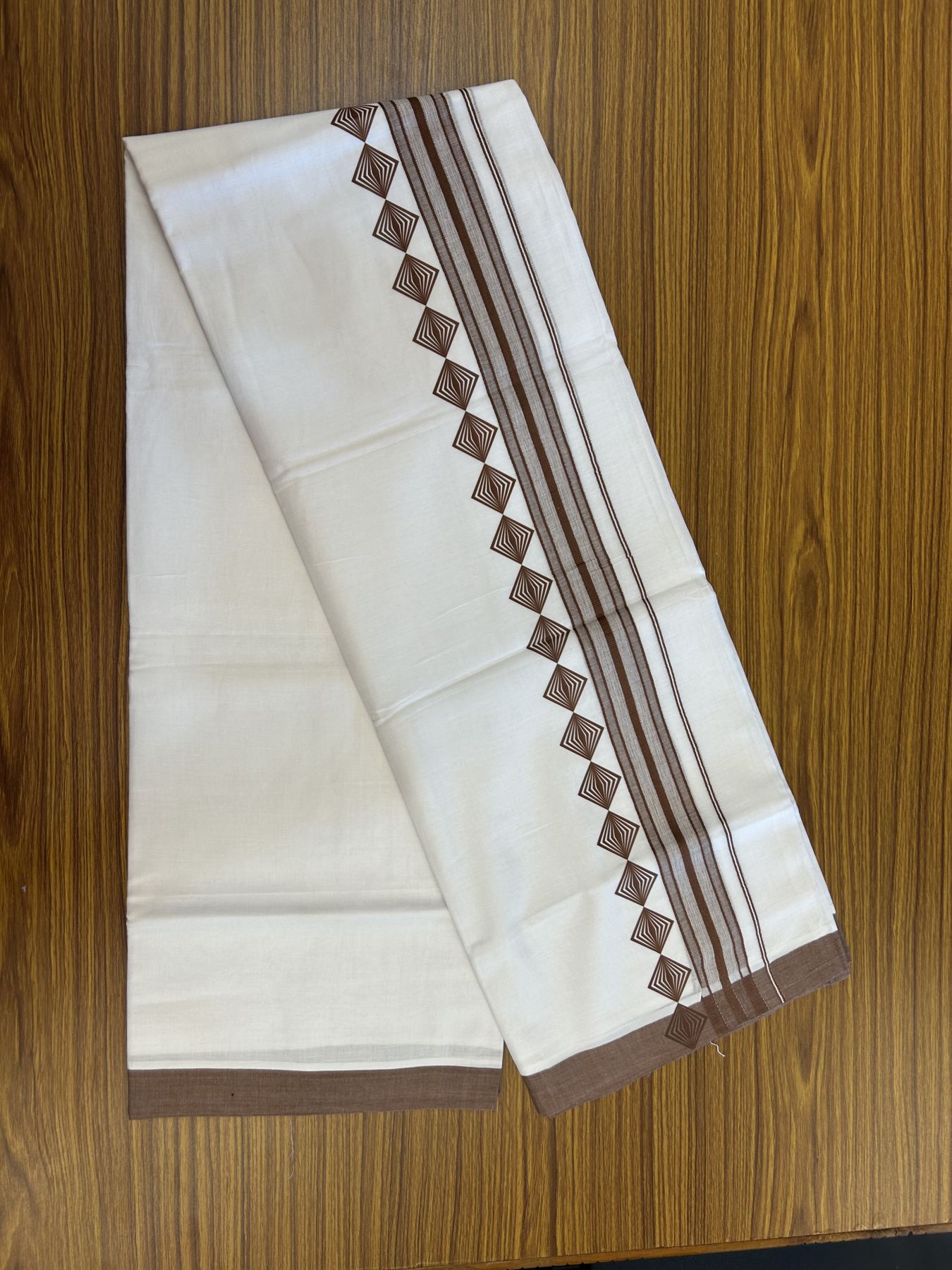 20% Discount ! KaithariKada Balaramapuram Cotton Double Pure white Mundu/Dhoti- 80s - 2.5 inch Walnut Brown Printed Shade Stripes Design Kara - 3.65 mtr (8 muzham) - 5 KK5329 GAN