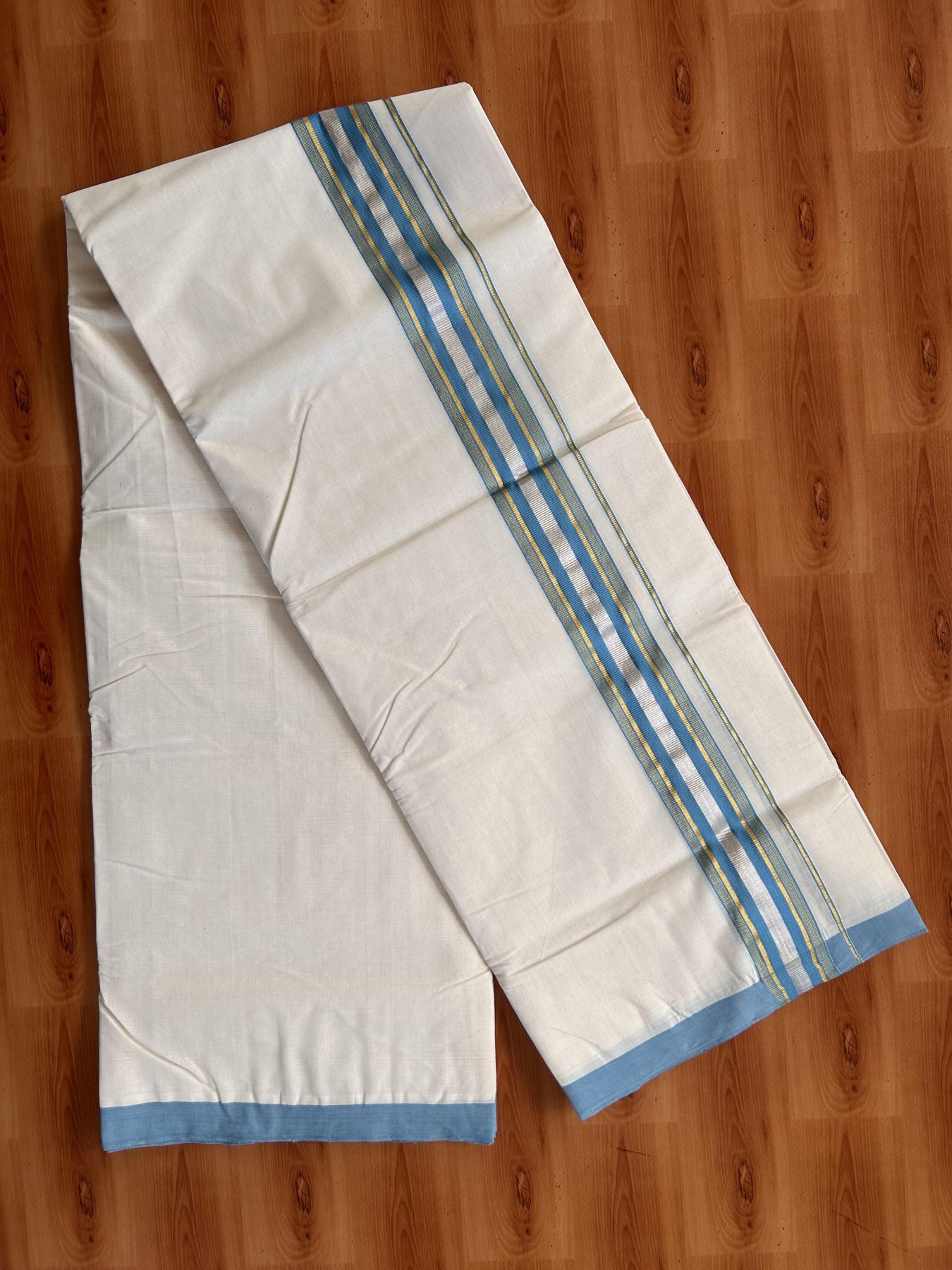 Double Off White (Unbleached) Mundu/Dhoti - 25% Discount! KaithariKada Handloom Millpaav - Kerala Handloom - Cotton - 80x90 - 2 inch Gold & Silver Kasav Striped & Sky Blue Kara 4 meter (8.5 Muzham) - 9 KK5430 RAM