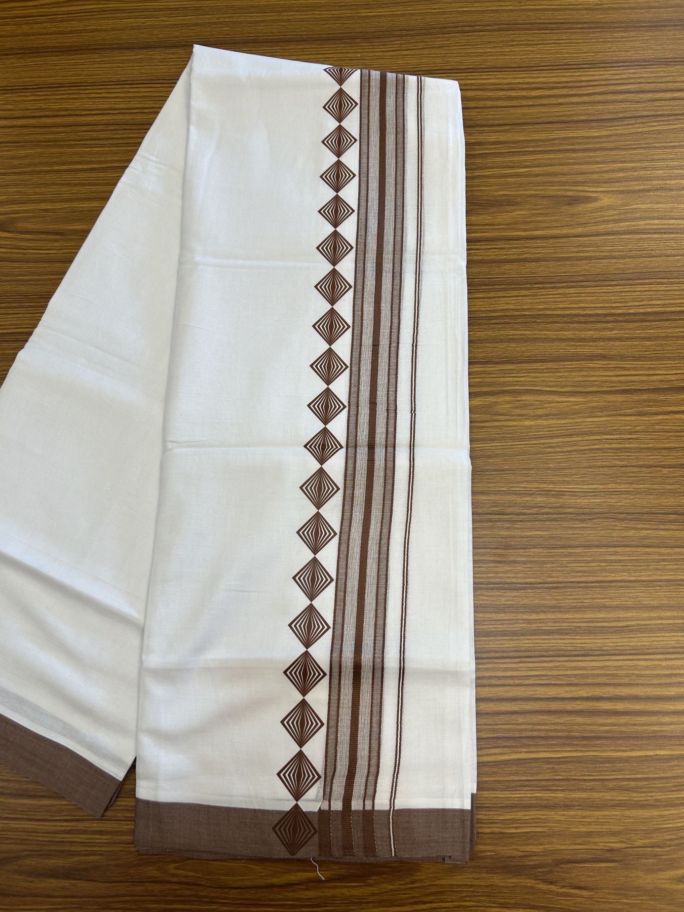 20% Discount ! KaithariKada Balaramapuram Cotton Double Pure white Mundu/Dhoti- 80s - 2.5 inch Walnut Brown Printed Shade Stripes Design Kara - 3.65 mtr (8 muzham) - 5 KK5329 GAN