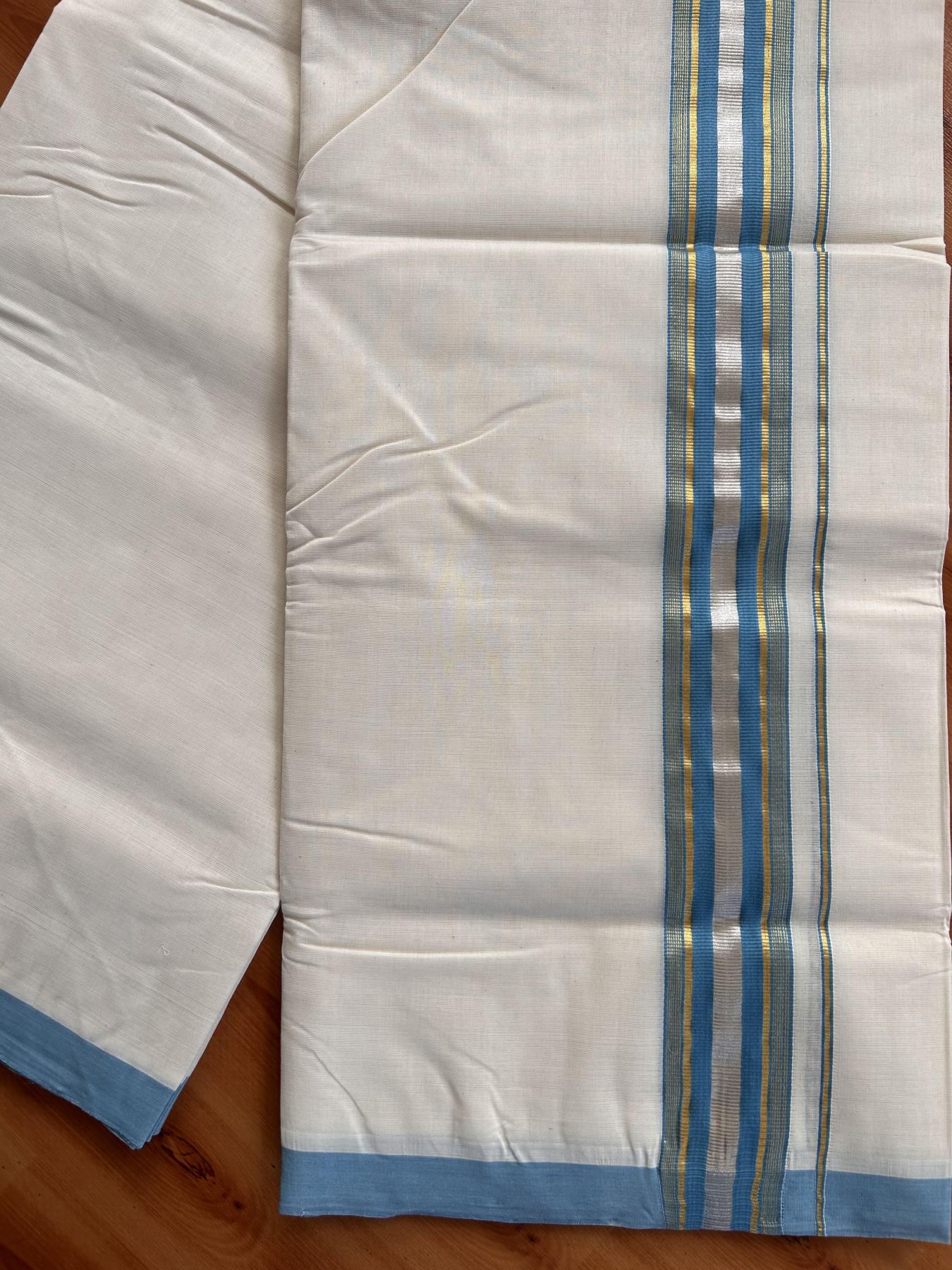 Double Off White (Unbleached) Mundu/Dhoti - 25% Discount! KaithariKada Handloom Millpaav - Kerala Handloom - Cotton - 80x90 - 2 inch Gold & Silver Kasav Striped & Sky Blue Kara 4 meter (8.5 Muzham) - 9 KK5430 RAM