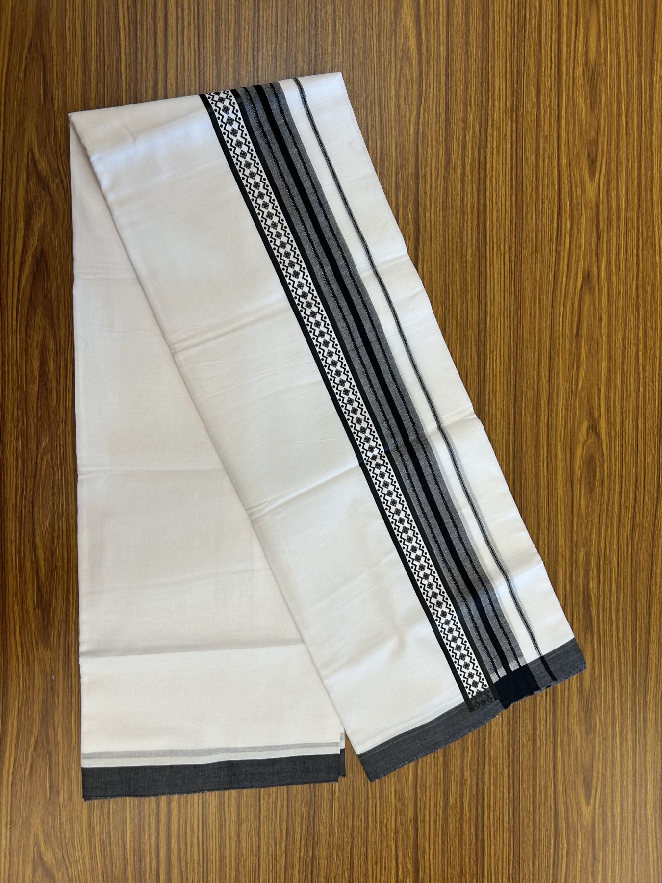 20% Discount ! KaithariKada Balaramapuram Cotton Double Pure white Mundu/Dhoti- 80s - 2.5 inch Black Printed Shade Stripes Design Kara - 3.65 mtr (8 muzham) - 29 KK5329 GAN