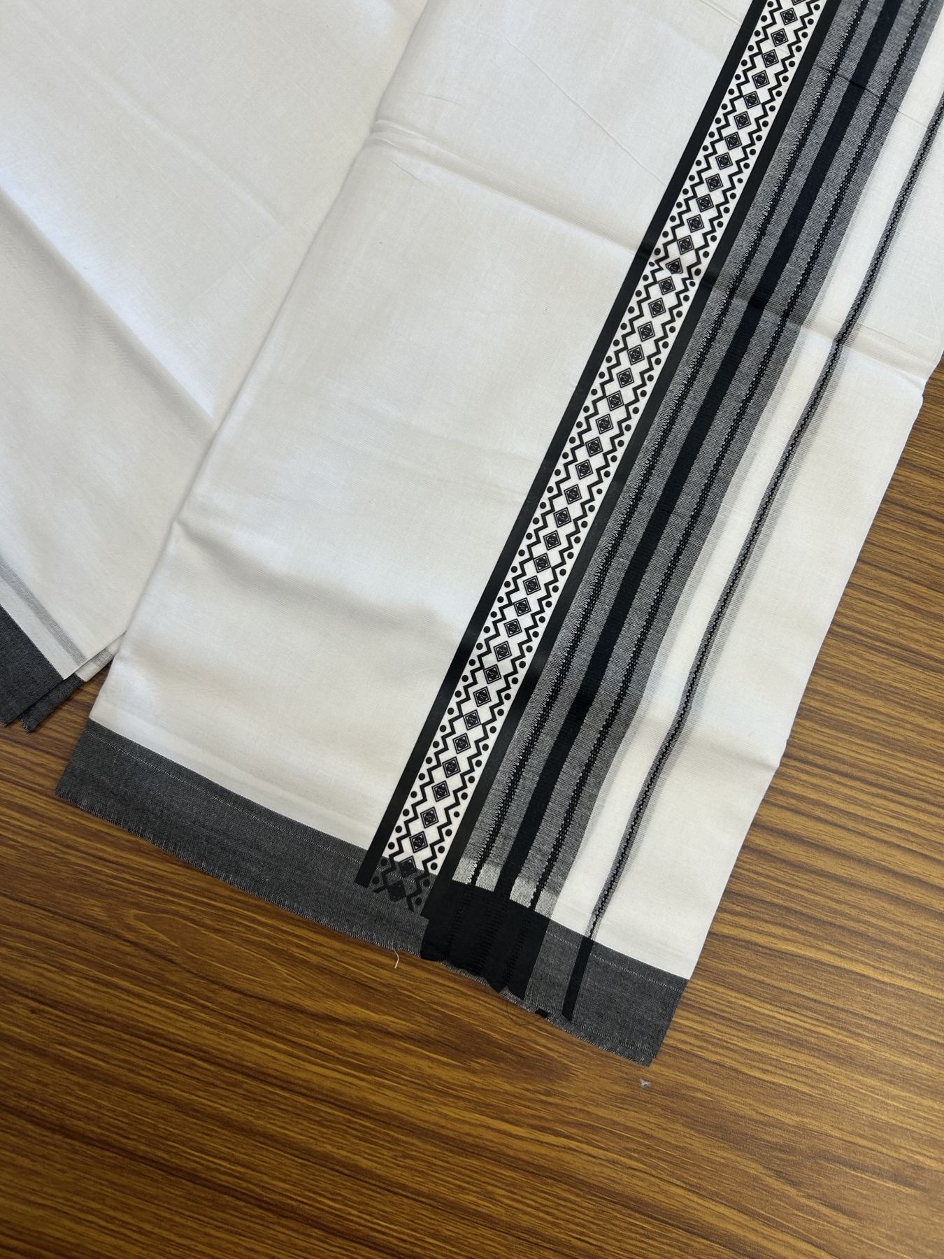 20% Discount ! KaithariKada Balaramapuram Cotton Double Pure white Mundu/Dhoti- 80s - 2.5 inch Black Printed Shade Stripes Design Kara - 3.65 mtr (8 muzham) - 29 KK5329 GAN