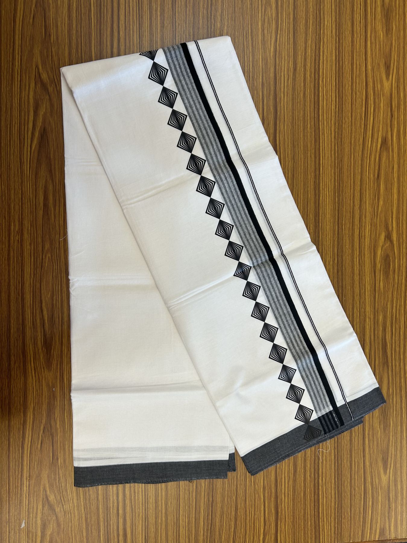 20% Discount ! KaithariKada Balaramapuram Cotton Double Pure white Mundu/Dhoti- 80s - 2.5 inch Black Printed Shade Stripes Design Kara - 3.65 mtr (8 muzham) - 4 KK5329 GAN