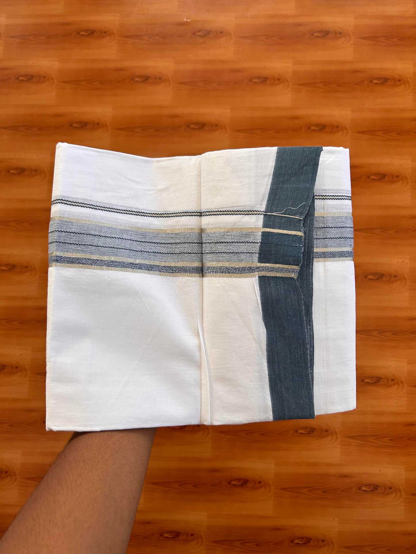 Double Pure White Mundu/Dhoti -20% Discount !! KaithariKada Balaramapuram 100% Cotton - 100X80 - 1.5 Inch Silver Kasav & Peacock Blue Shaded Striped Kara - 3.90 mtr ( 8 muzham) - 2 KK5432 PMC
