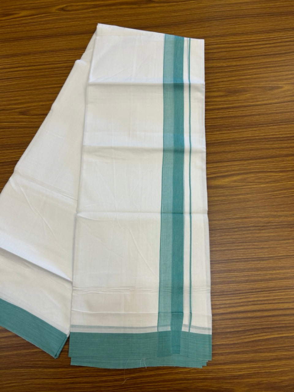 20% Discount ! Kaitharikada Balaramapuram 100% Cotton PURE WHITE Double Mundu/Dothi - 100x80 - 1.5 inch Light Teal Green Shaded Design Kara 3.90 mtr (8 muzham) - 30 KK5294 THI