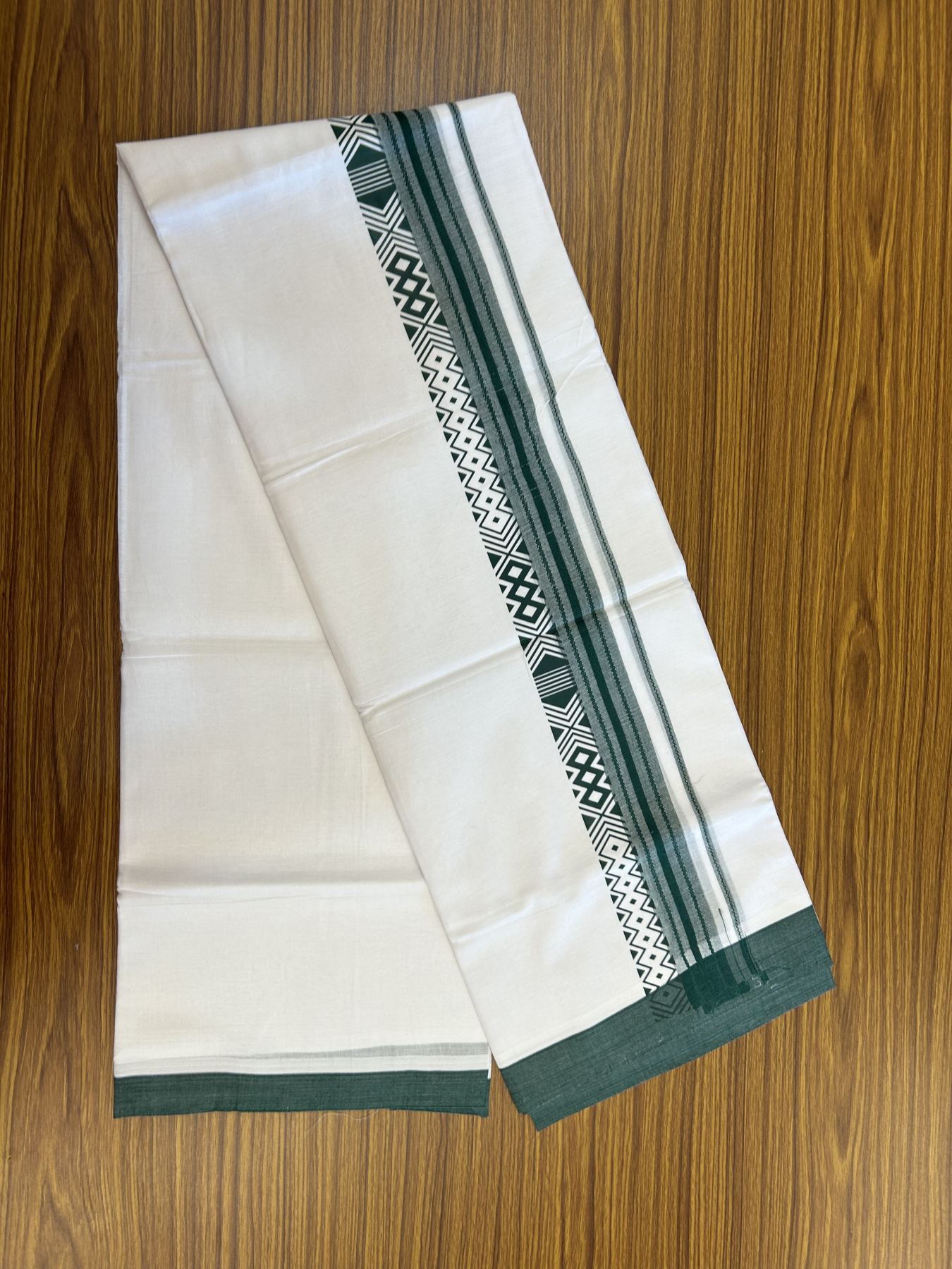 20% Discount ! KaithariKada Balaramapuram Cotton Double Pure white Mundu/Dhoti- 80s - 2.5 inch Dark Green Printed Shade Stripes Design Kara - 3.65 mtr (8 muzham) - 56 KK5329 GAN
