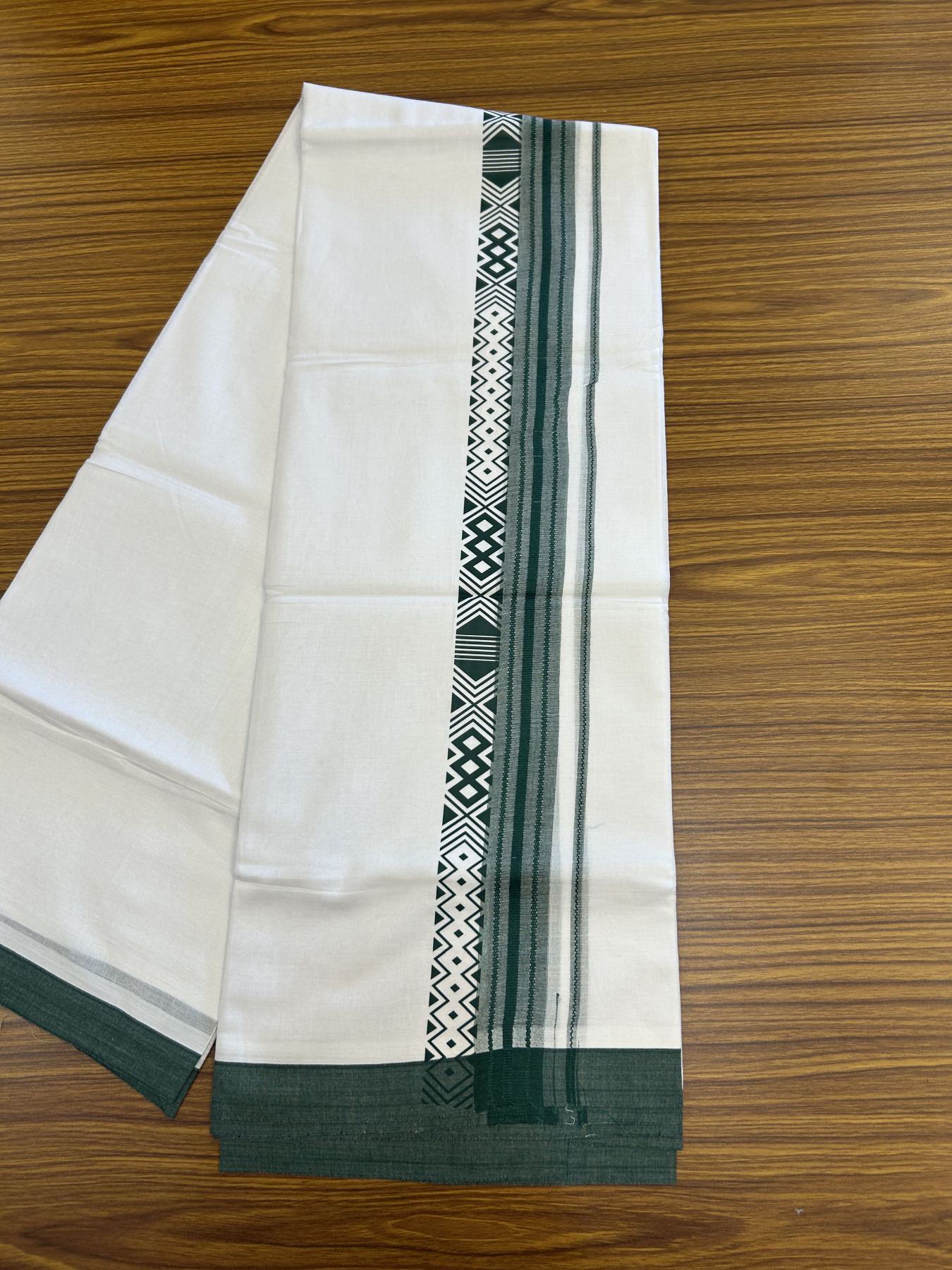 20% Discount ! KaithariKada Balaramapuram Cotton Double Pure white Mundu/Dhoti- 80s - 2.5 inch Dark Green Printed Shade Stripes Design Kara - 3.65 mtr (8 muzham) - 56 KK5329 GAN
