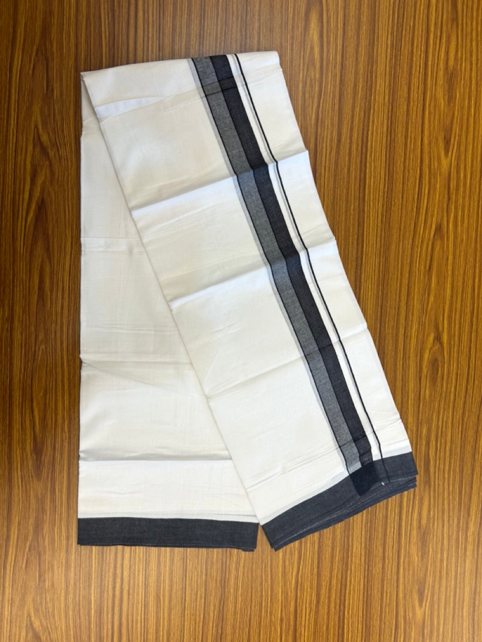 20% Discount ! Kaitharikada Balaramapuram 100% Cotton PURE WHITE Double Mundu/Dothi - 100x80 - 1.5 inch Black Shaded Design Kara 3.90 mtr (8 muzham) - 31 KK5294 THI