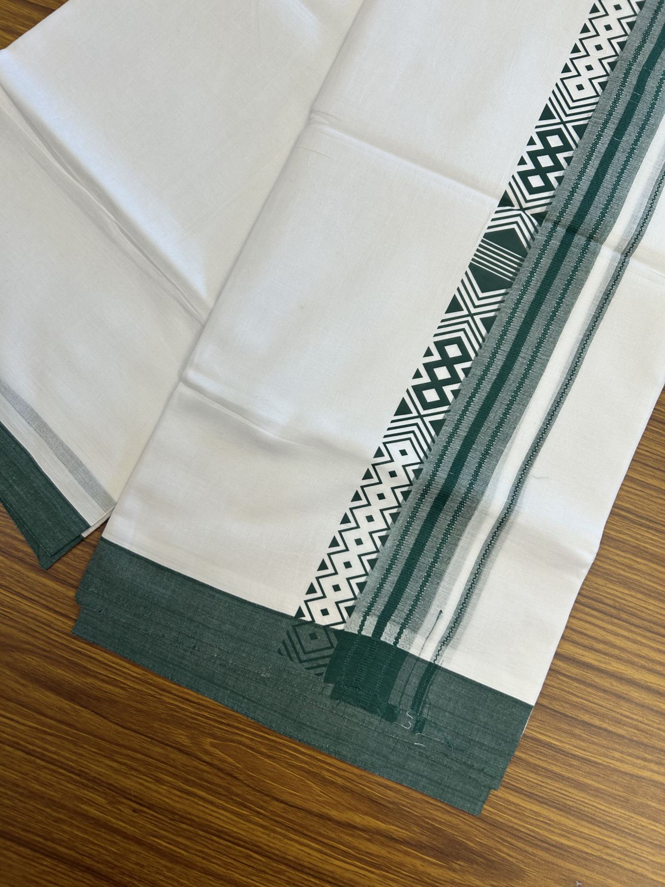 20% Discount ! KaithariKada Balaramapuram Cotton Double Pure white Mundu/Dhoti- 80s - 2.5 inch Dark Green Printed Shade Stripes Design Kara - 3.65 mtr (8 muzham) - 56 KK5329 GAN