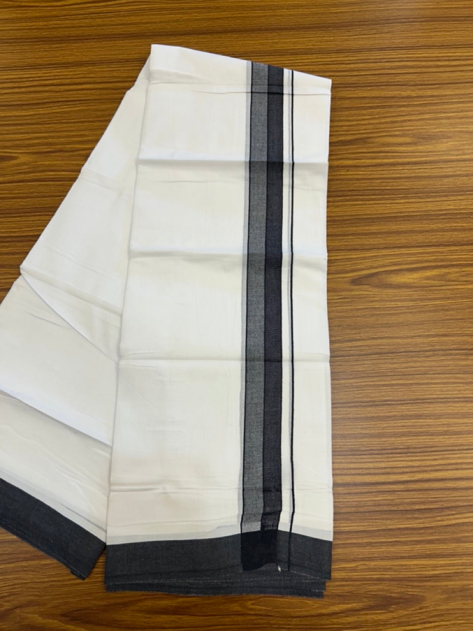 20% Discount ! Kaitharikada Balaramapuram 100% Cotton PURE WHITE Double Mundu/Dothi - 100x80 - 1.5 inch Black Shaded Design Kara 3.90 mtr (8 muzham) - 31 KK5294 THI