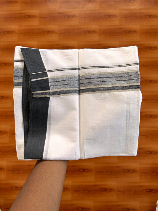 Double Pure White Mundu/Dhoti -20% Discount !! KaithariKada Balaramapuram 100% Cotton - 100X80 - 1.5 Inch Silver Kasav & Black Shaded Striped Kara - 3.90 mtr ( 8 muzham) - 6 KK5432 PMC