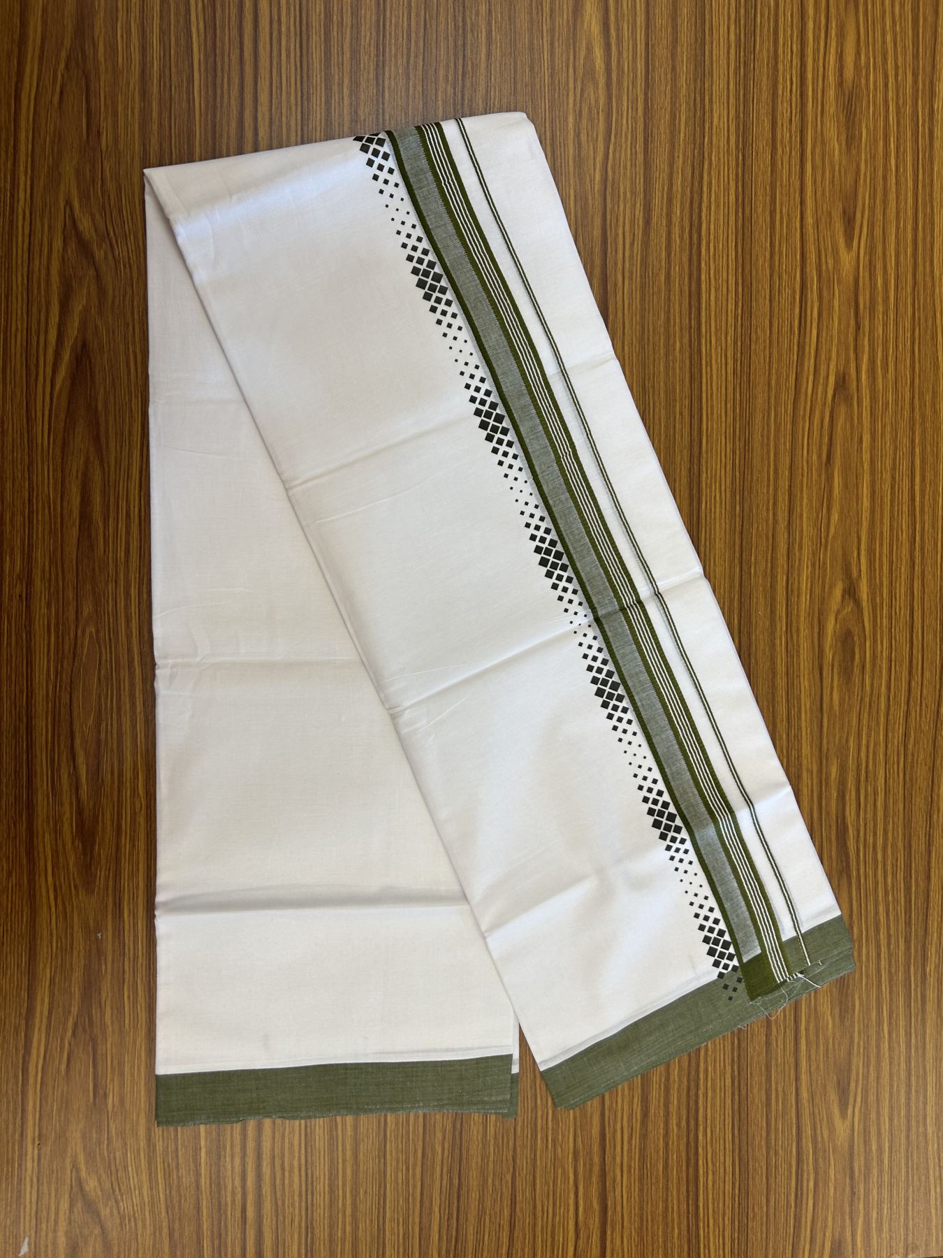 20% Discount ! KaithariKada Balaramapuram Cotton Double Pure white Mundu/Dhoti- 80s - 2.5 inch Olive Green Printed Shade Stripes Design Kara - 3.65 mtr (8 muzham) - 17 KK5329 GAN