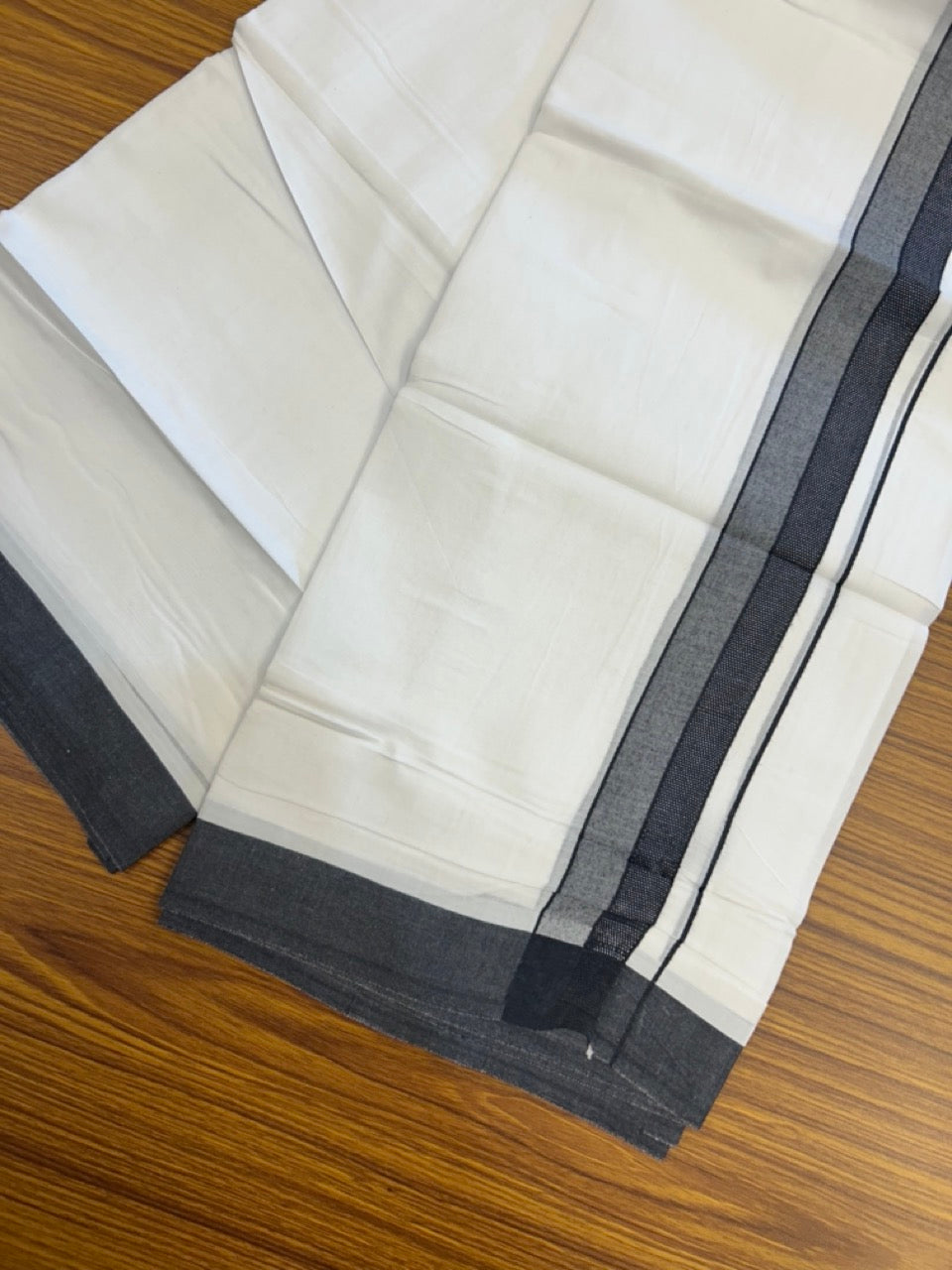 20% Discount ! Kaitharikada Balaramapuram 100% Cotton PURE WHITE Double Mundu/Dothi - 100x80 - 1.5 inch Black Shaded Design Kara 3.90 mtr (8 muzham) - 31 KK5294 THI