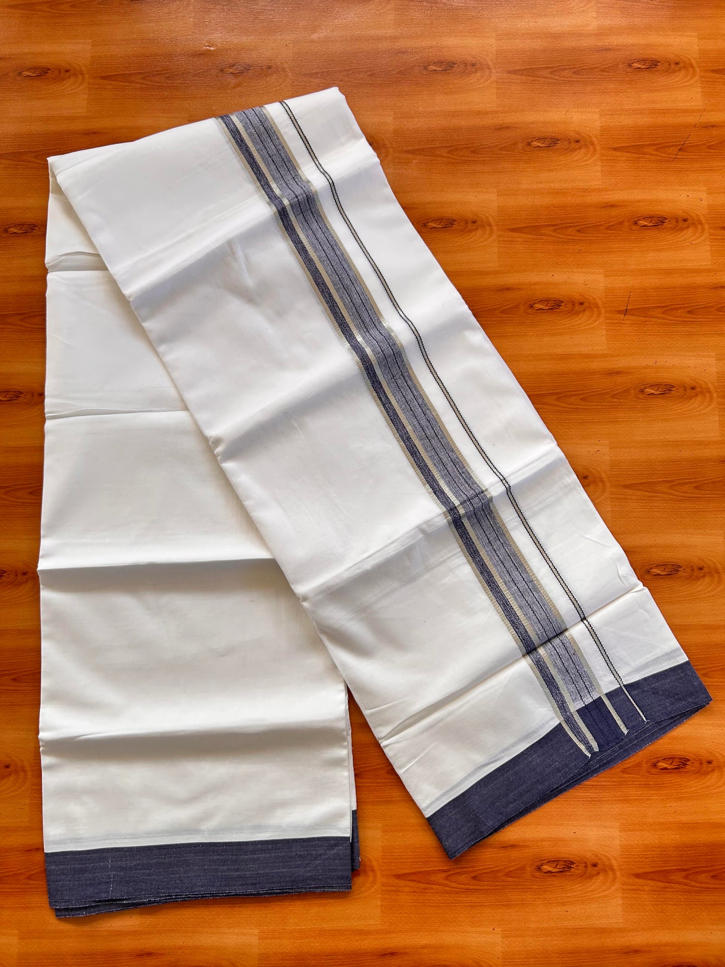 Double Pure White Mundu/Dhoti -20% Discount !! KaithariKada Balaramapuram 100% Cotton - 100X80 - 1.5 Inch Silver Kasav & Navy Blue Shaded Striped Kara - 3.90 mtr ( 8 muzham) - 7 KK5432 PMC