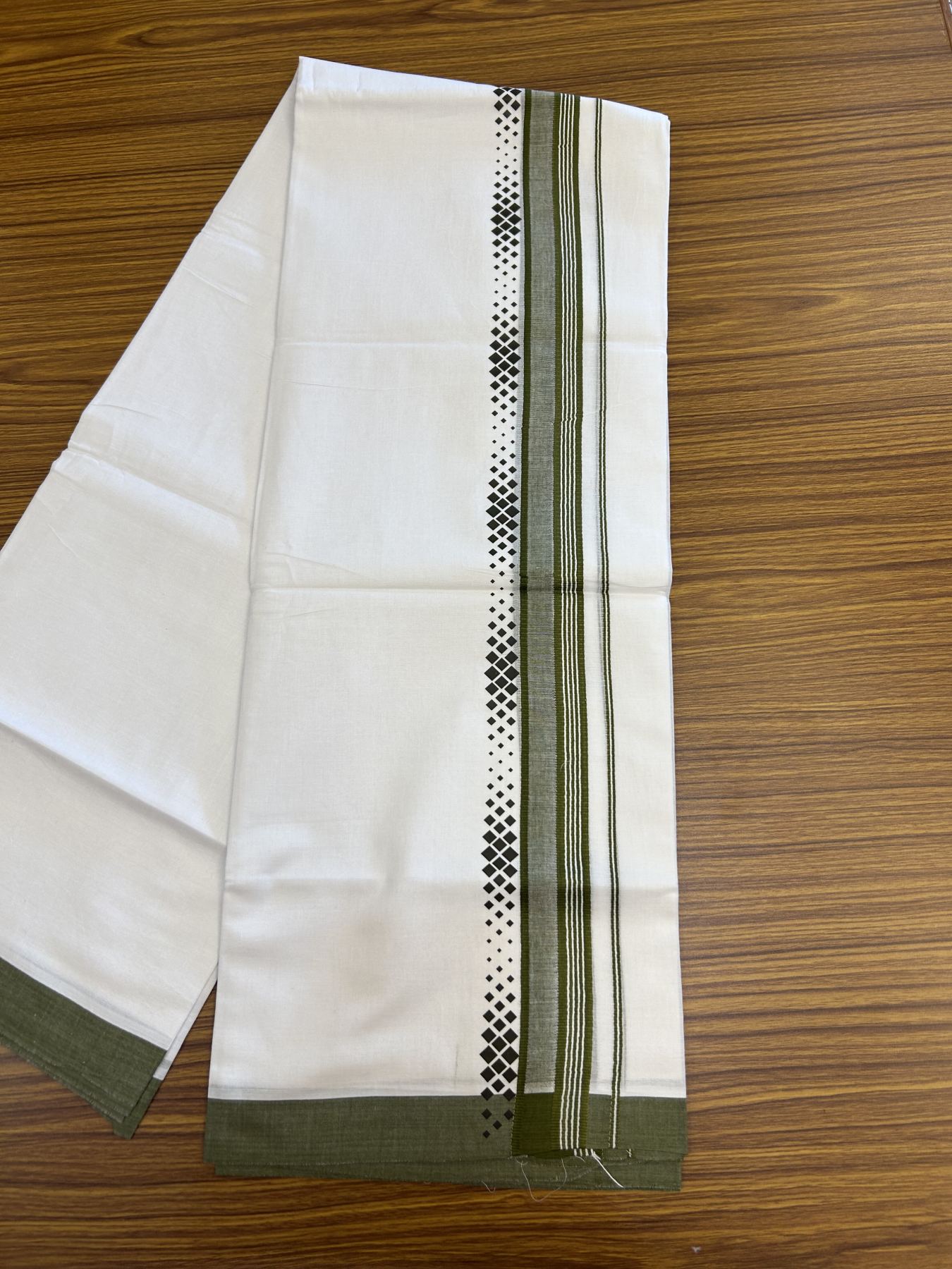 20% Discount ! KaithariKada Balaramapuram Cotton Double Pure white Mundu/Dhoti- 80s - 2.5 inch Olive Green Printed Shade Stripes Design Kara - 3.65 mtr (8 muzham) - 17 KK5329 GAN