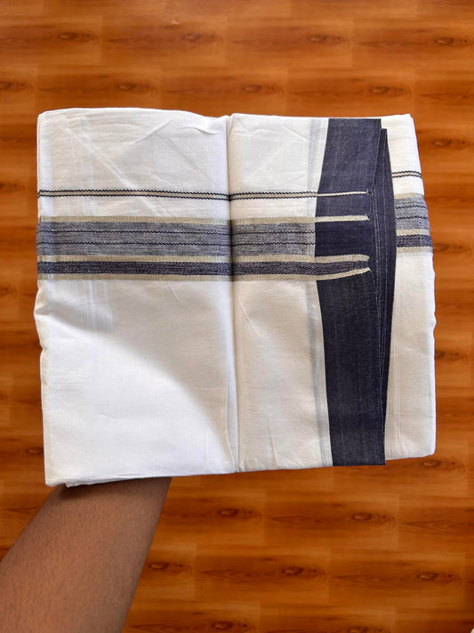 Double Pure White Mundu/Dhoti -20% Discount !! KaithariKada Balaramapuram 100% Cotton - 100X80 - 1.5 Inch Silver Kasav & Navy Blue Shaded Striped Kara - 3.90 mtr ( 8 muzham) - 7 KK5432 PMC
