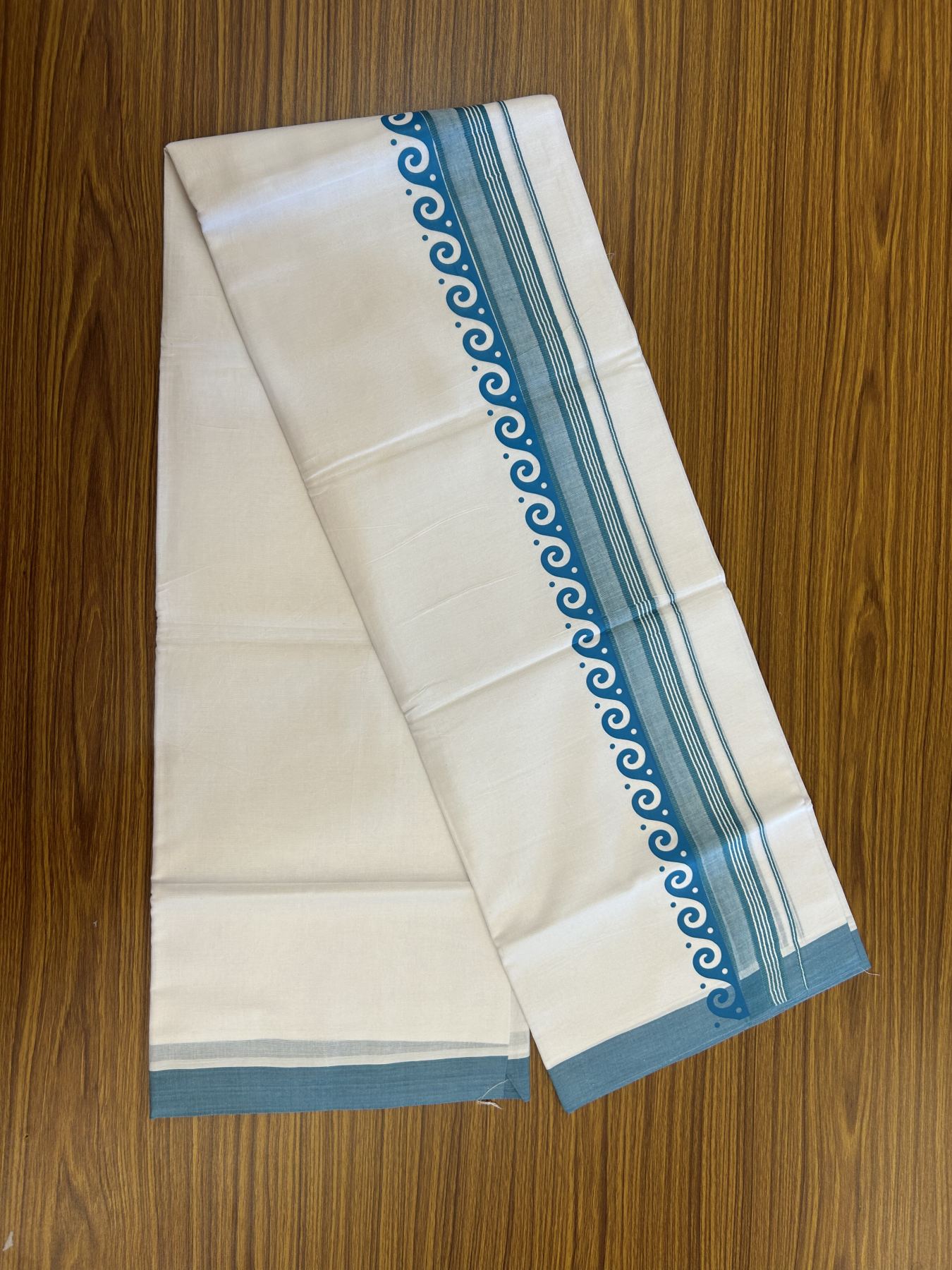 20% Discount ! KaithariKada Balaramapuram Cotton Double Pure white Mundu/Dhoti- 80s - 2.5 inch Blue Green Printed Shade Stripes Design Kara - 3.65 mtr (8 muzham) - 45 KK5329 GAN