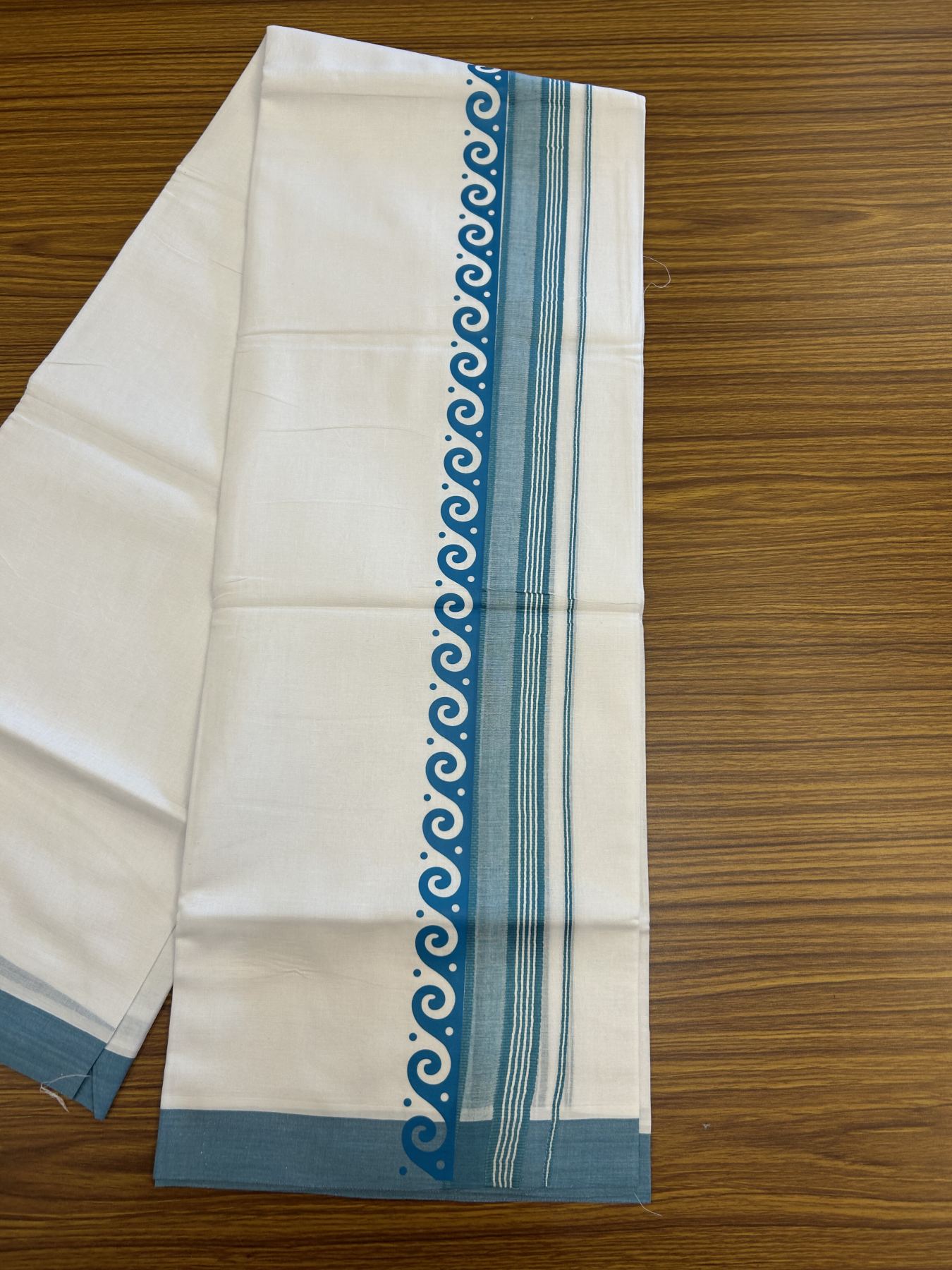 20% Discount ! KaithariKada Balaramapuram Cotton Double Pure white Mundu/Dhoti- 80s - 2.5 inch Blue Green Printed Shade Stripes Design Kara - 3.65 mtr (8 muzham) - 45 KK5329 GAN