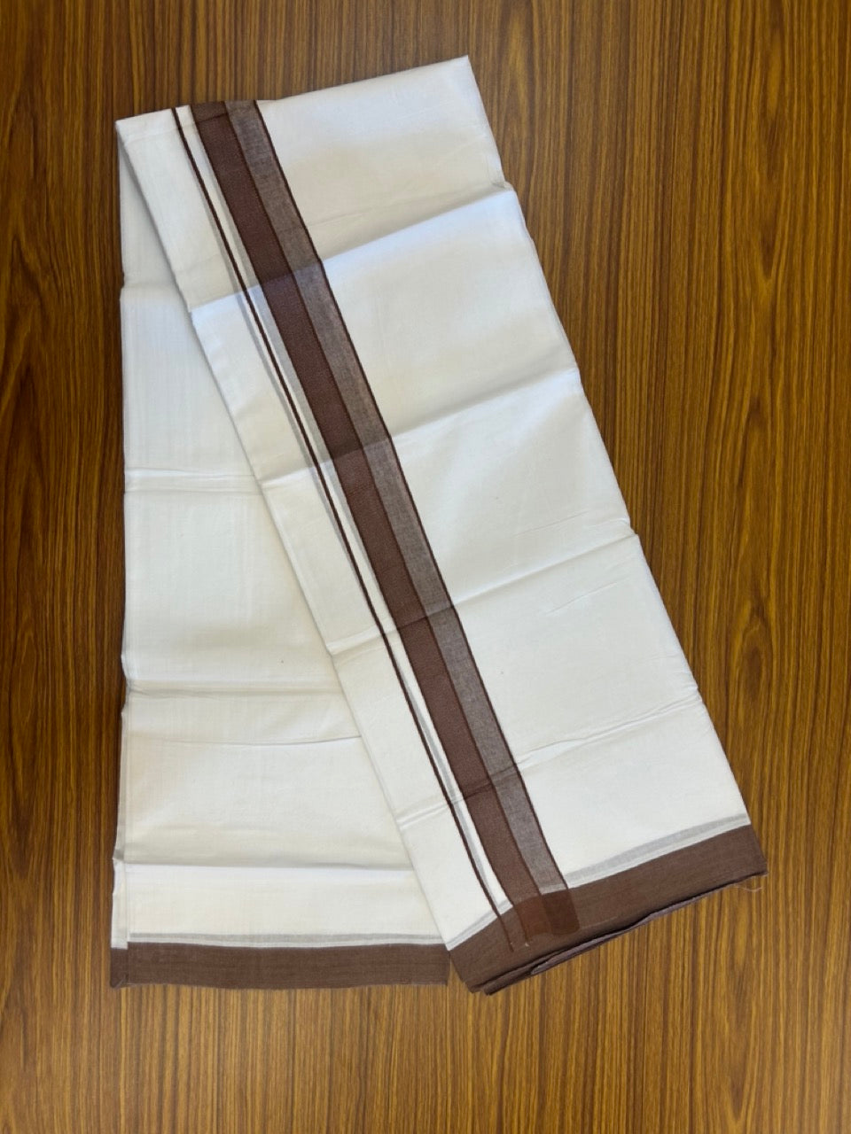 20% Discount ! Kaitharikada Balaramapuram 100% Cotton PURE WHITE Double Mundu/Dothi - 100x80 - 1.5 inch Brown Shaded Design Kara 3.90 mtr (8 muzham) - 33 KK5294 THI