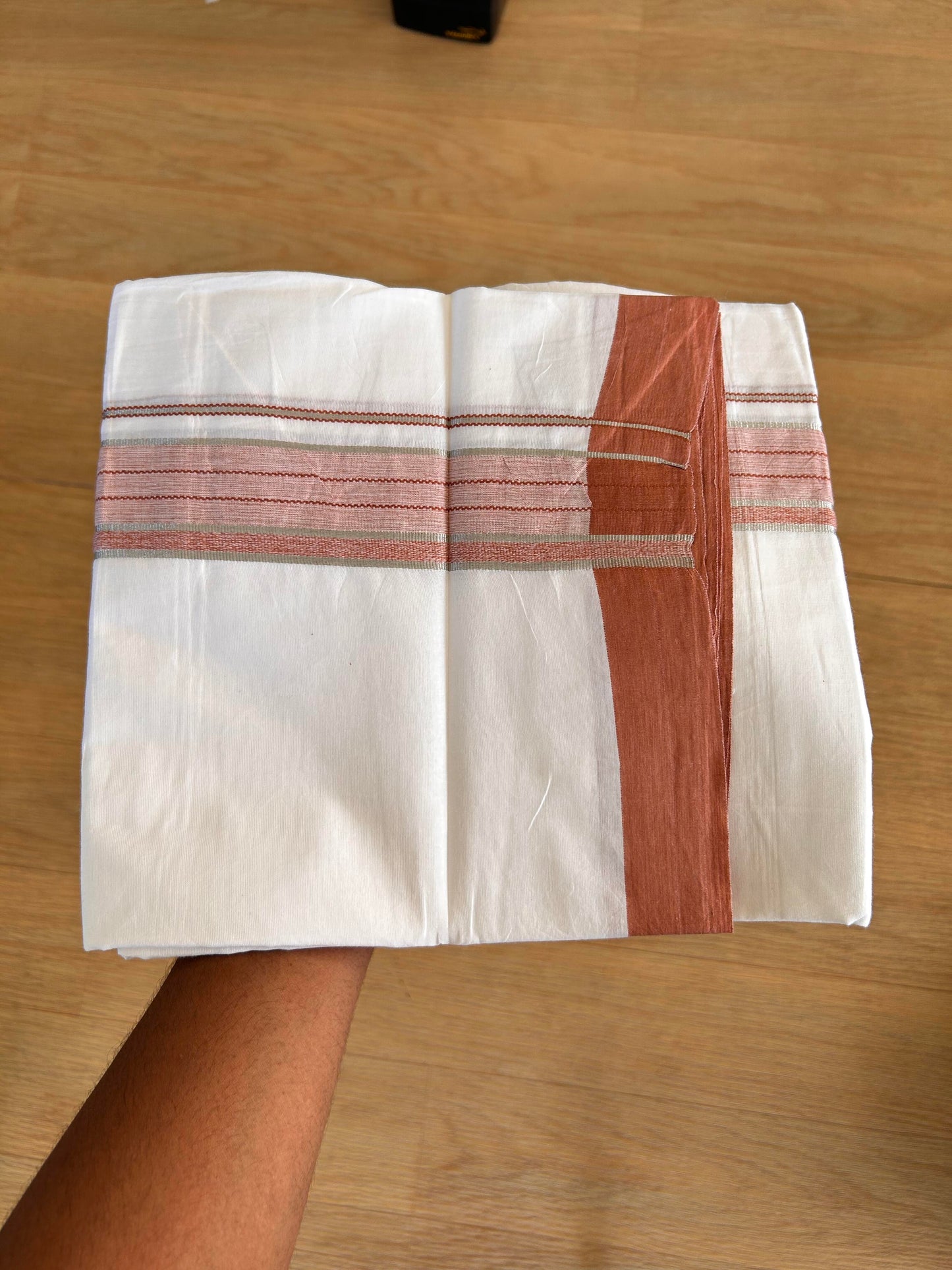 Double Pure White Mundu/Dhoti -20% Discount !! KaithariKada Balaramapuram 100% Cotton - 100X80 - 1.5 Inch Silver Kasav & Dark Peach Striped Kara - 3.90 mtr ( 8 muzham) - 1 KK5432 PMC