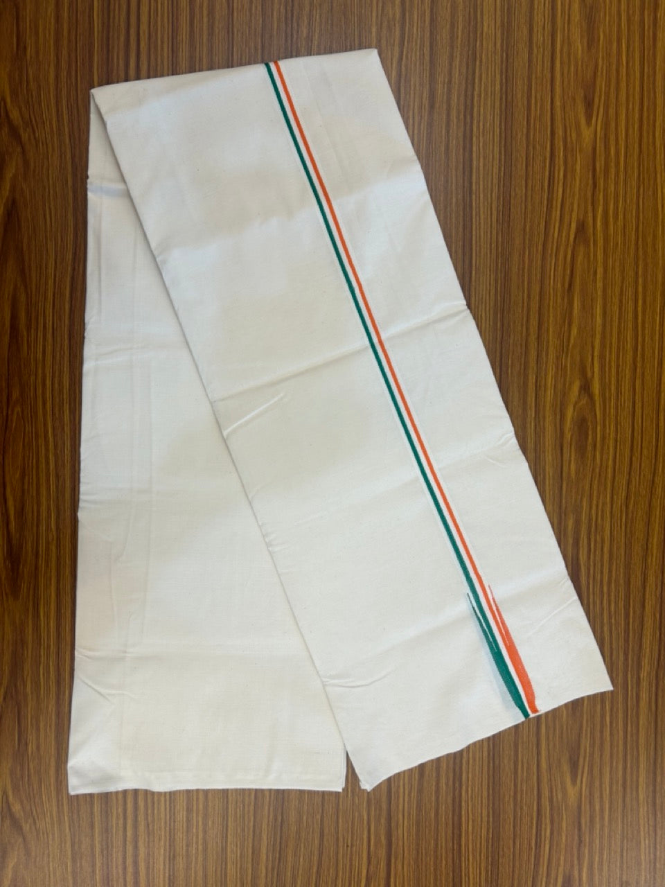Congress Vesti - 20% Discount ! KaithariKada 100% Cotton Single Off White - (Unbleached) Mundu/Dhoti - Twisted 100s Thread - 0.75 inch Puliyilakkara Orange White & Green Chutty Kara (2 meter / 4 muzham) - 6 KK5257 ASH