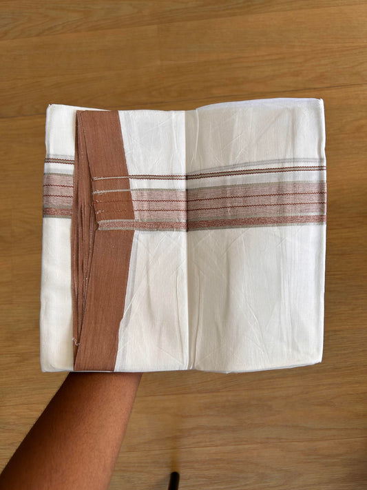 Double Pure White Mundu/Dhoti -20% Discount !! KaithariKada Balaramapuram 100% Cotton - 100X80 - 1.5 Inch Silver Kasav & Brown Shaded Striped Kara - 3.90 mtr ( 8 muzham) - 4 KK5432 PMC