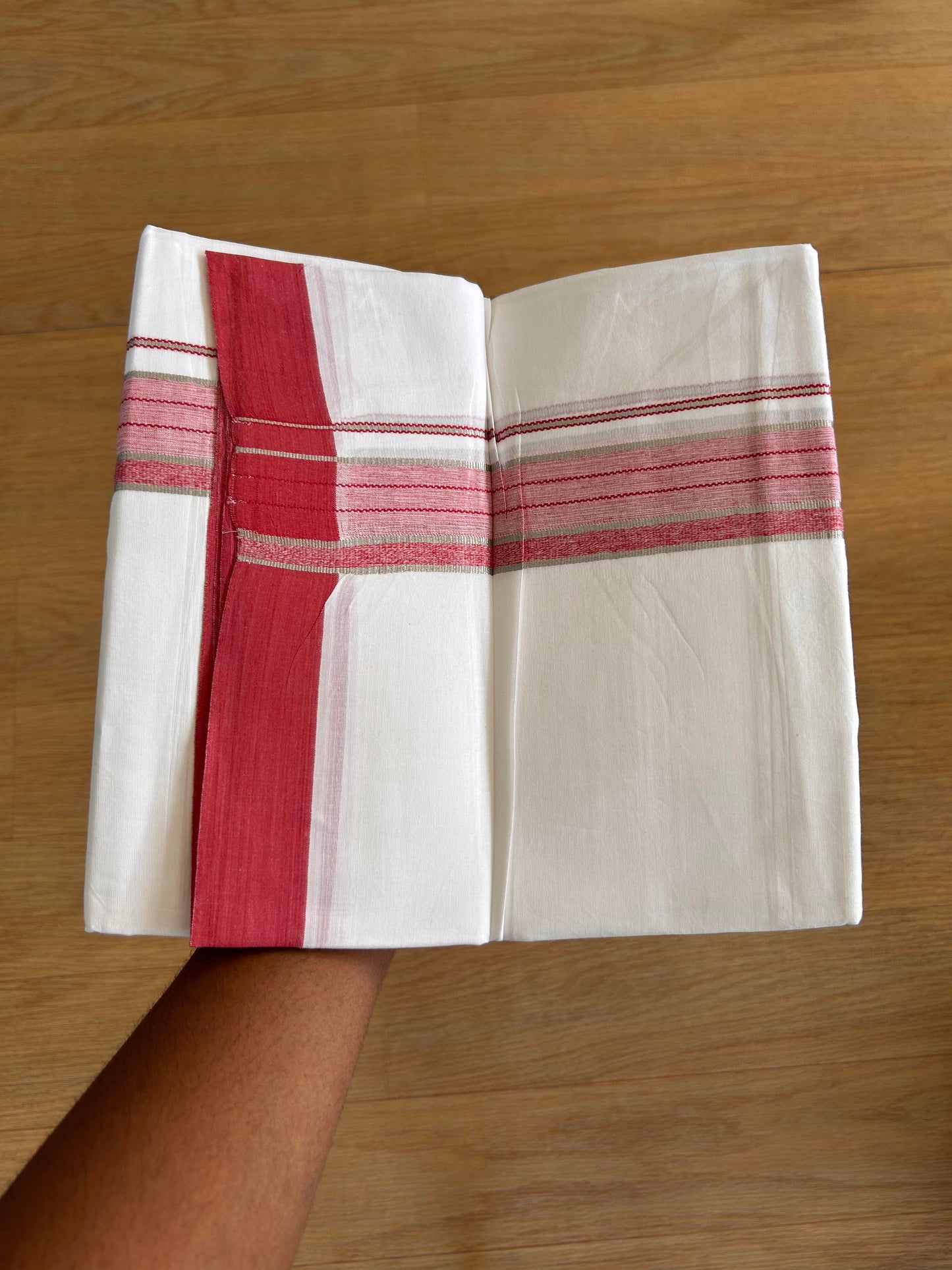 Double Pure White Mundu/Dhoti -20% Discount !! KaithariKada Balaramapuram 100% Cotton - 100X80 - 1.5 Inch Silver Kasav & Pinkish Red Shaded Striped Kara - 3.90 mtr ( 8 muzham) - 3 KK5432 PMC