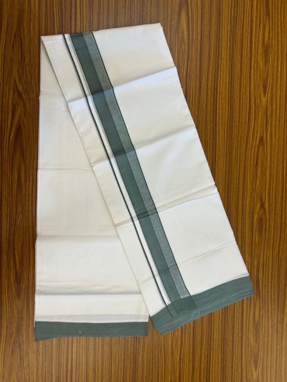 20% Discount ! Kaitharikada Balaramapuram 100% Cotton PURE WHITE Double Mundu/Dothi - 100x80 - 1.5 inch Dusty Teal Shaded Design Kara 3.90 mtr (8 muzham) - 34 KK5294 THI