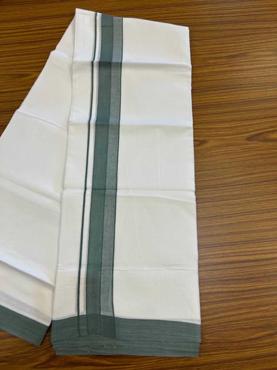 20% Discount ! Kaitharikada Balaramapuram 100% Cotton PURE WHITE Double Mundu/Dothi - 100x80 - 1.5 inch Dusty Teal Shaded Design Kara 3.90 mtr (8 muzham) - 34 KK5294 THI