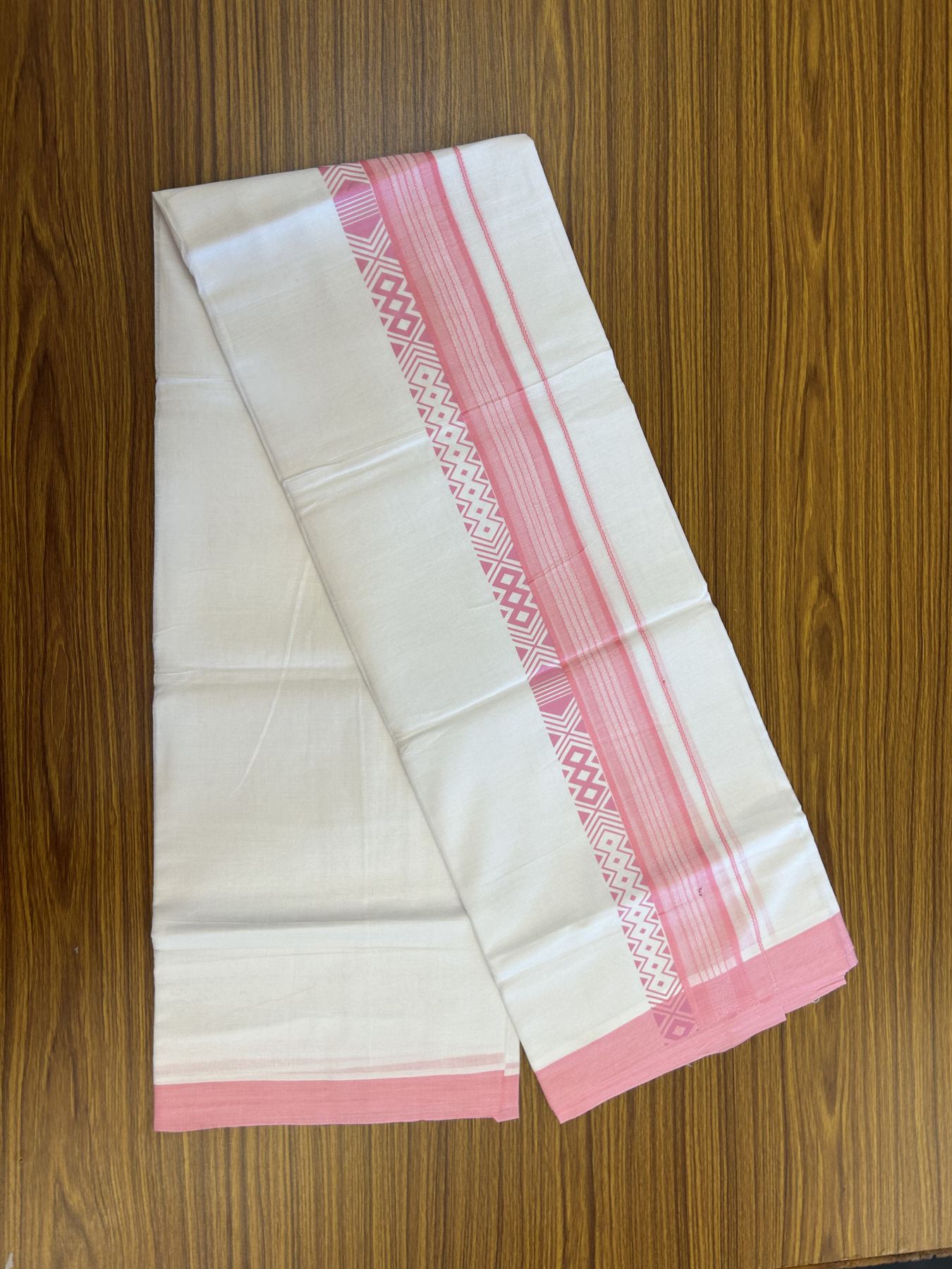 20% Discount ! KaithariKada Balaramapuram Cotton Double Pure white Mundu/Dhoti- 80s - 2.5 inch Baby Pink Printed Shade Stripes Design Kara - 3.65 mtr (8 muzham) - 50 KK5329 GAN