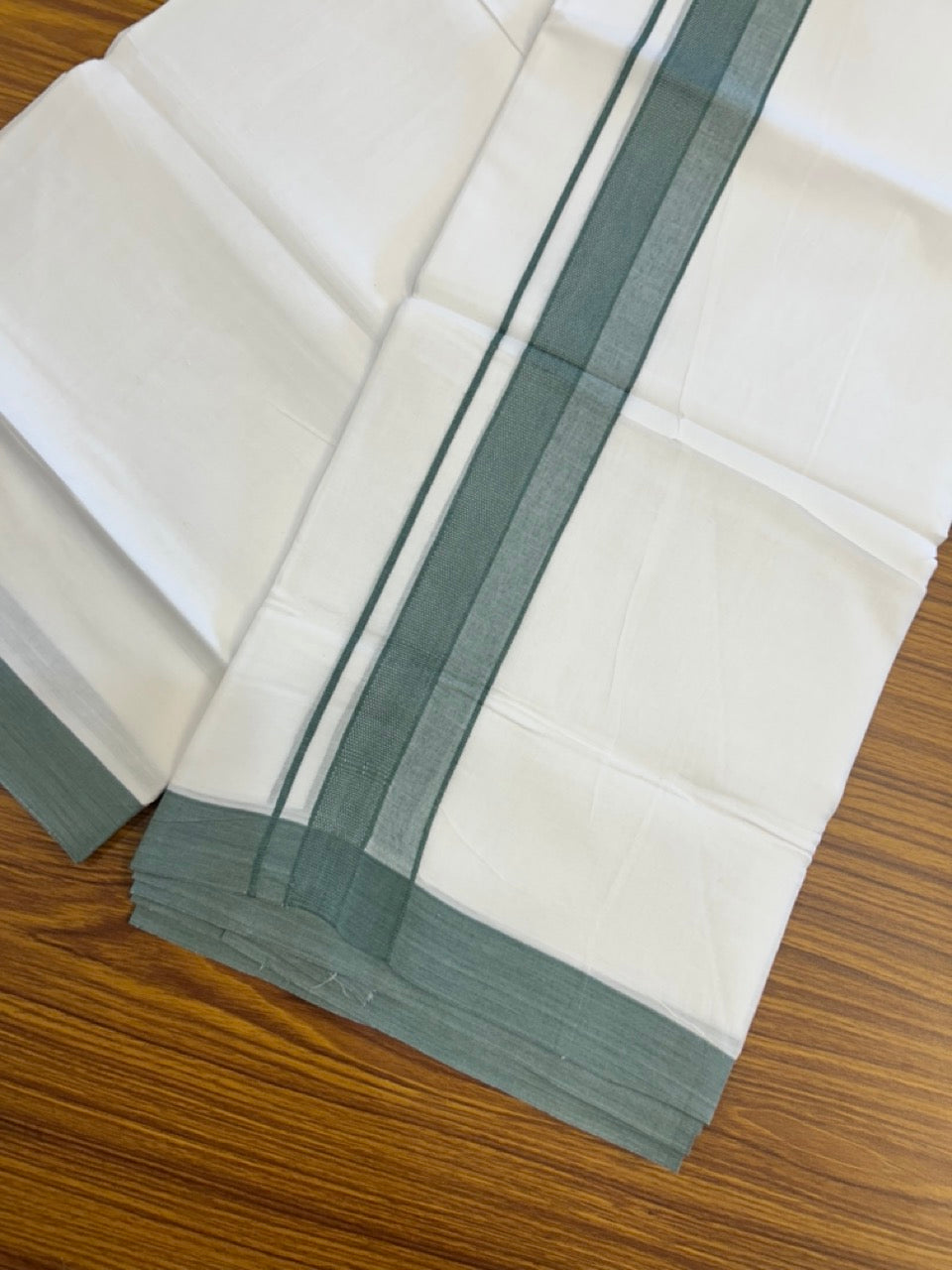 20% Discount ! Kaitharikada Balaramapuram 100% Cotton PURE WHITE Double Mundu/Dothi - 100x80 - 1.5 inch Dusty Teal Shaded Design Kara 3.90 mtr (8 muzham) - 34 KK5294 THI