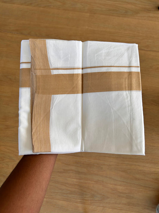 Double Pure White Mundu/Dhoti - 20% Discount!!! KaithariKada Balaramapuram 100% Cotton - 100X80 - 1.75 Inch Sand Brown kara - 3.90 Mtr (8 Muzham) - 51 KK5432 PMC