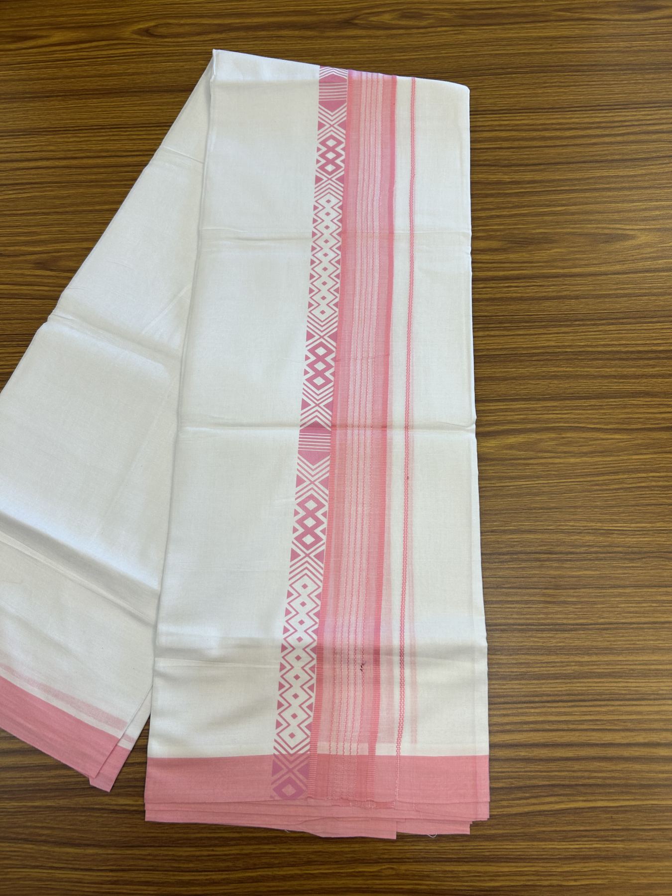 20% Discount ! KaithariKada Balaramapuram Cotton Double Pure white Mundu/Dhoti- 80s - 2.5 inch Baby Pink Printed Shade Stripes Design Kara - 3.65 mtr (8 muzham) - 50 KK5329 GAN