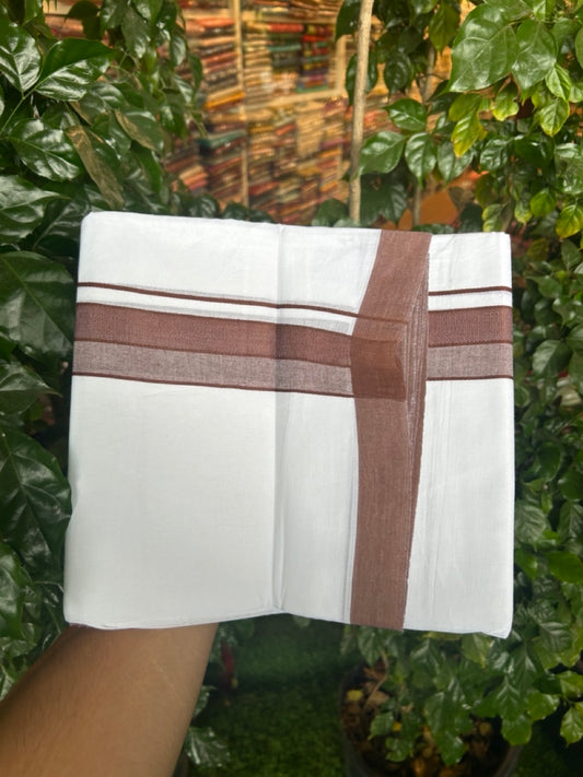20% Discount ! Kaitharikada Balaramapuram 100% Cotton PURE WHITE Double Mundu/Dothi - 100x80 - 1.5 inch Brown Shaded Design Kara 3.90 mtr (8 muzham) - 33 KK5294 THI